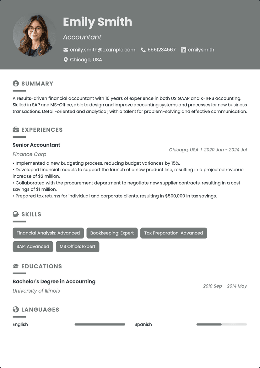 QuickCV - Resume Template Emily Smith • Accountant