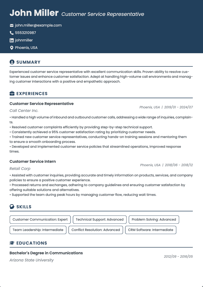 QuickCV - Resume Template John Miller - Customer Service Representative