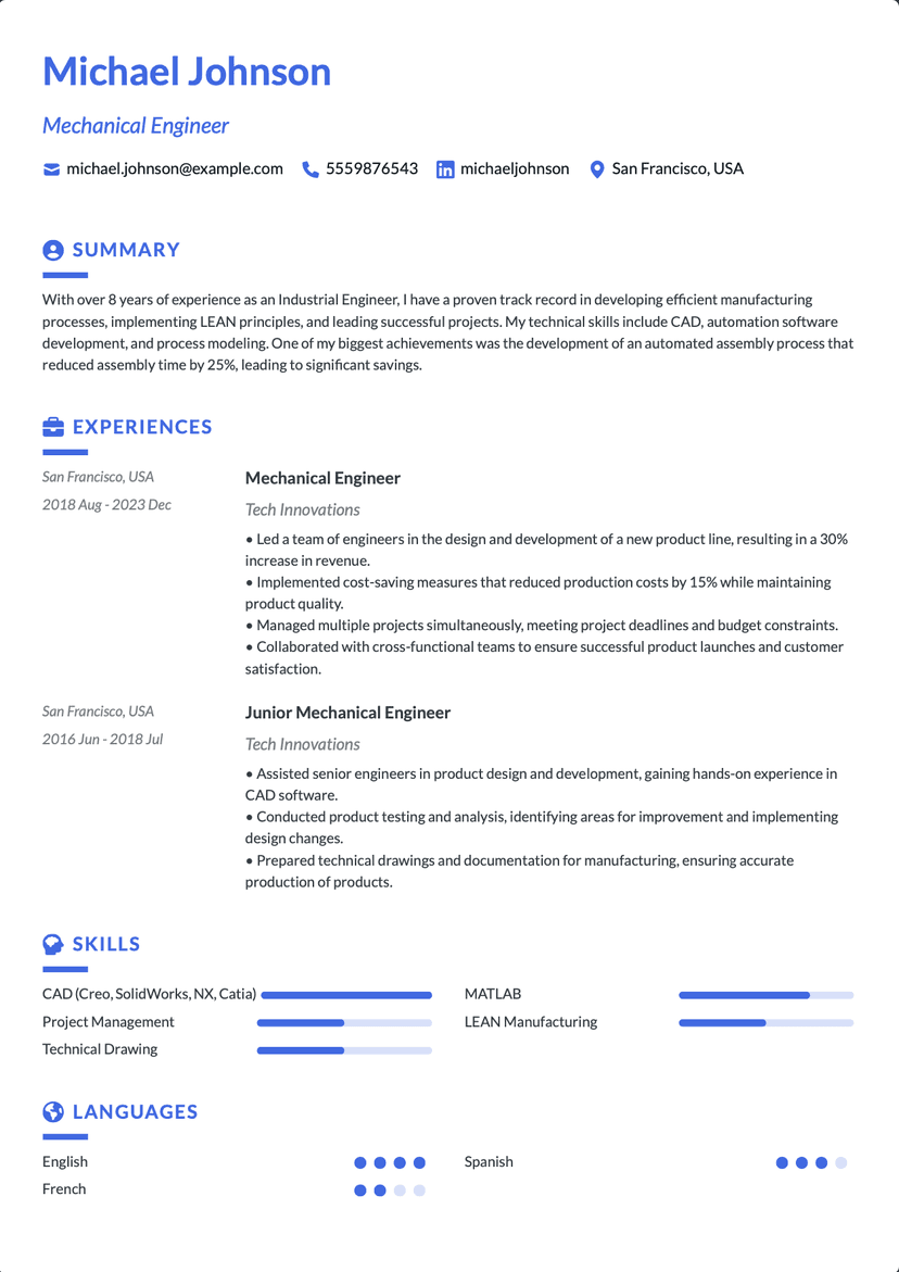 QuickCV - Resume Template Michael Johnson - Mechanical Engineer