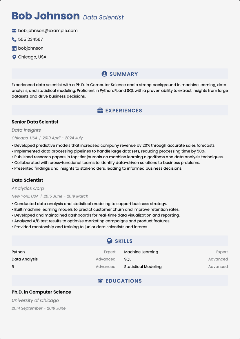 QuickCV - Resume Template Bob Johnson - Data Scientist