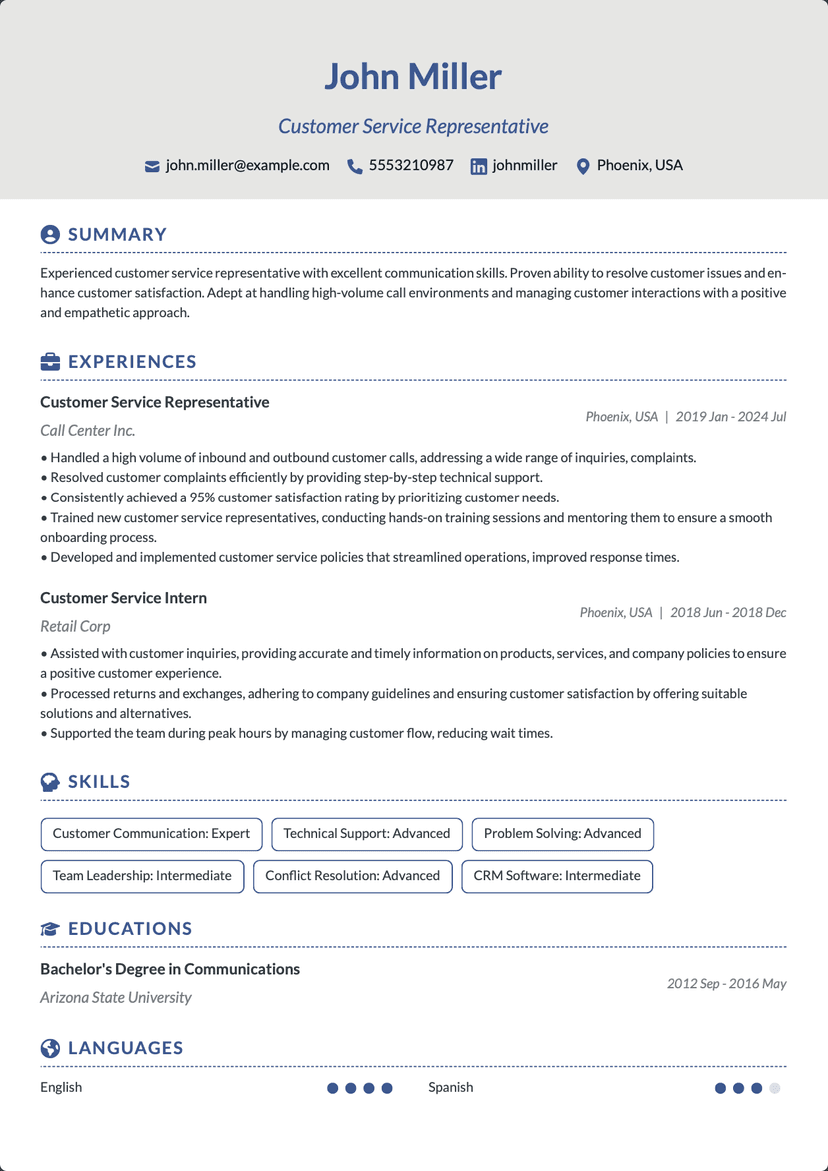 QuickCV - Resume Template John Miller - Customer Service Representative