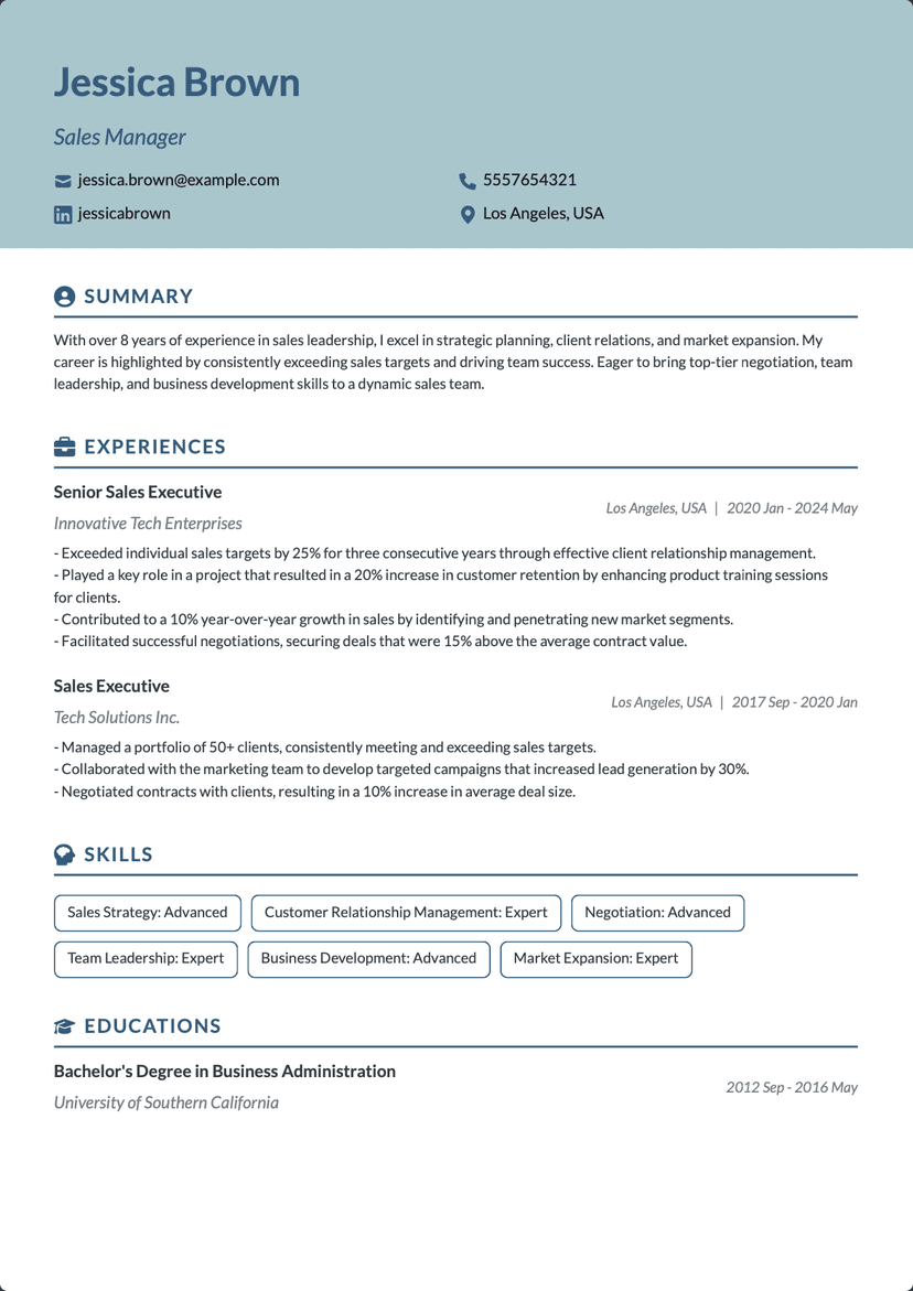 QuickCV - Resume Template Jessica Brown - Sales Manager