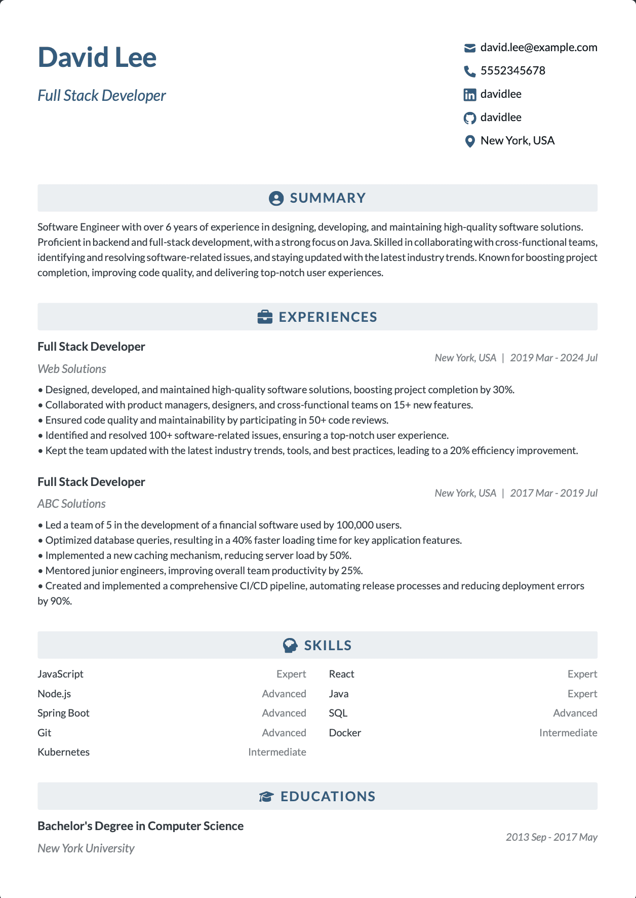 QuickCV Resume Example: Full Stack Developer
