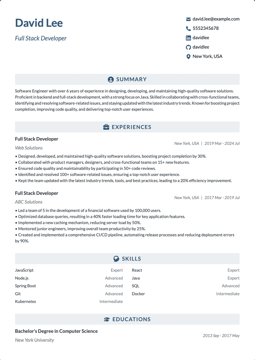 QuickCV - Resume Template David Lee - Full Stack Developer