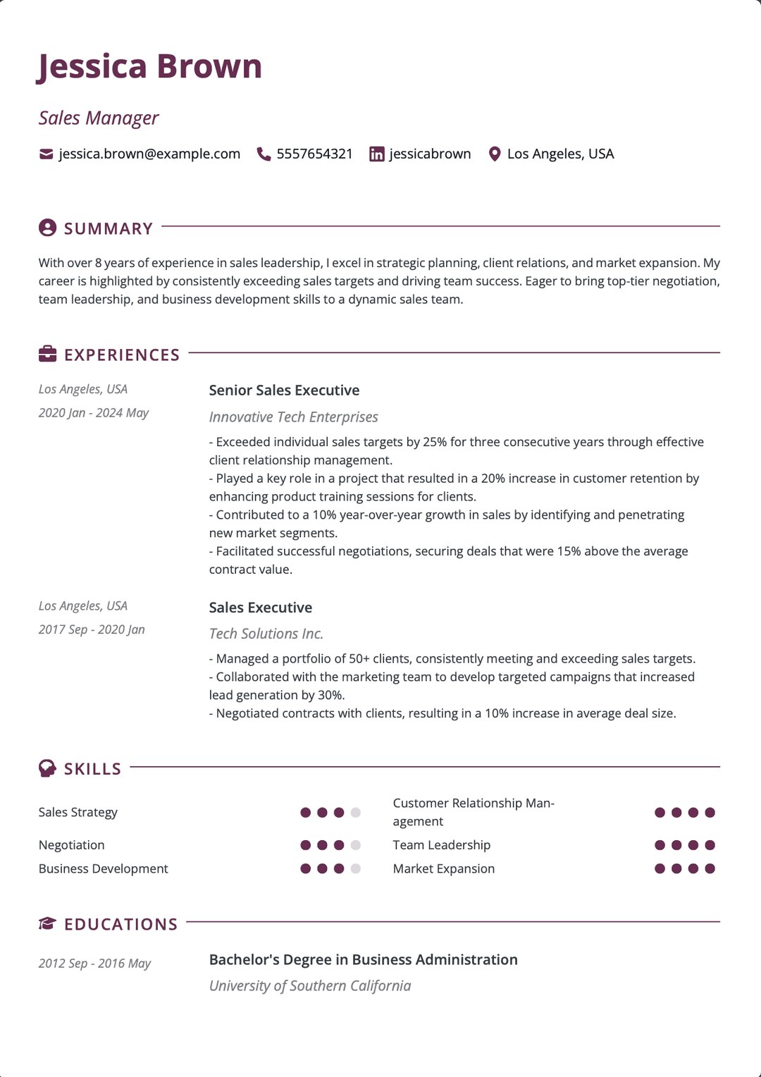 QuickCV - Resume Template Jessica Brown - Sales Manager