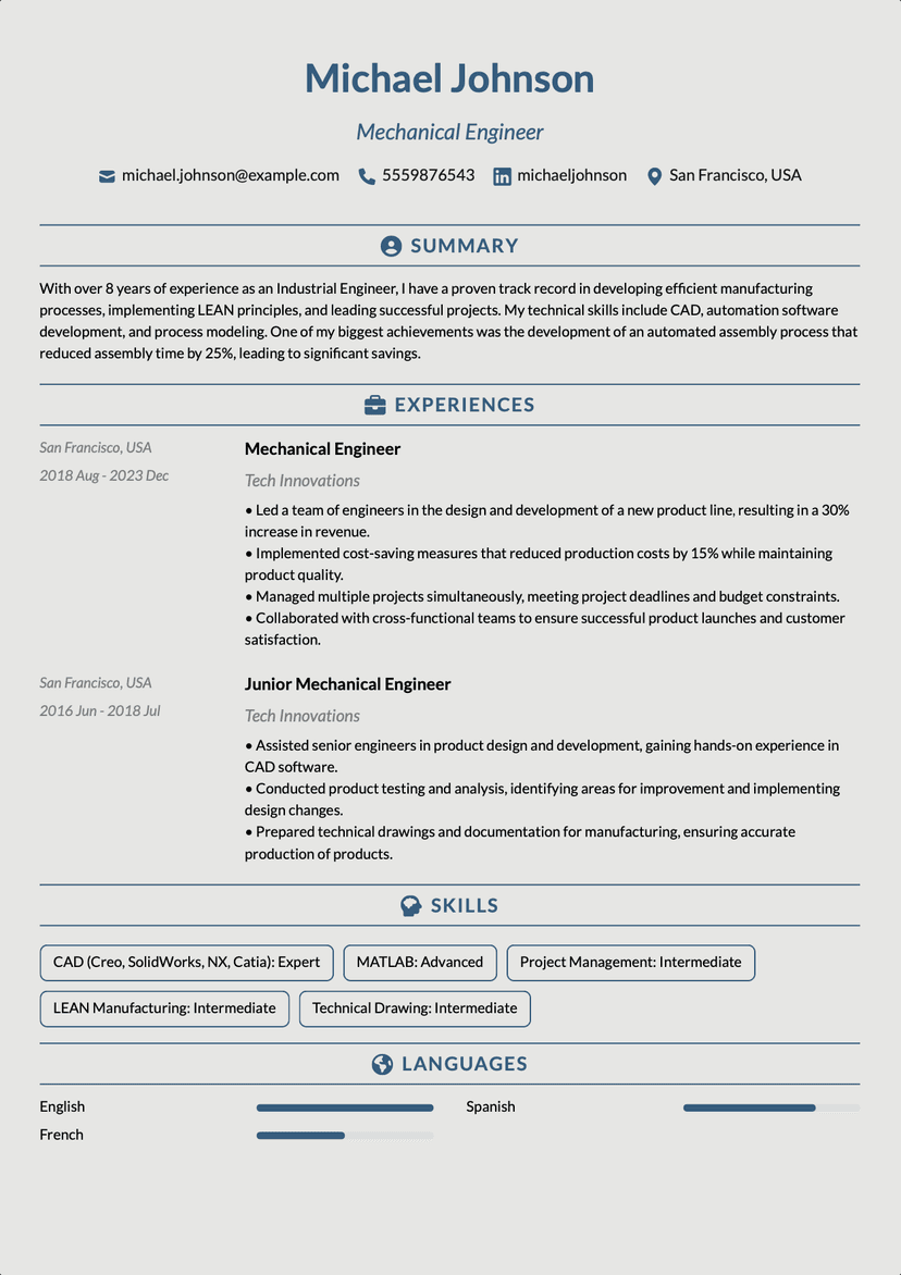 QuickCV - Resume Template Michael Johnson - Mechanical Engineer