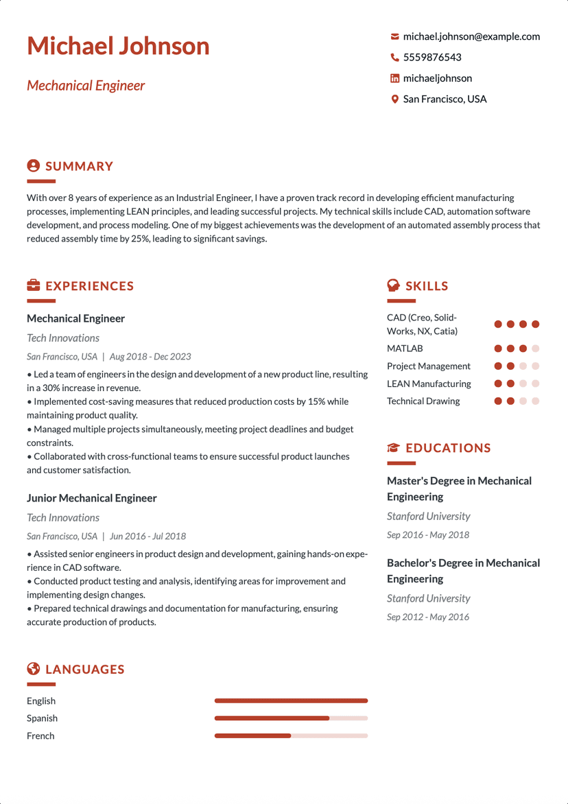 QuickCV - Resume Template Michael Johnson - Mechanical Engineer