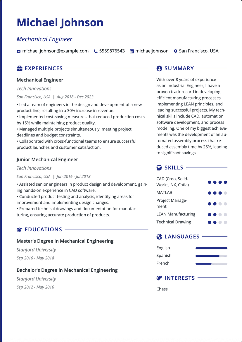 QuickCV - Resume Template Michael Johnson - Mechanical Engineer