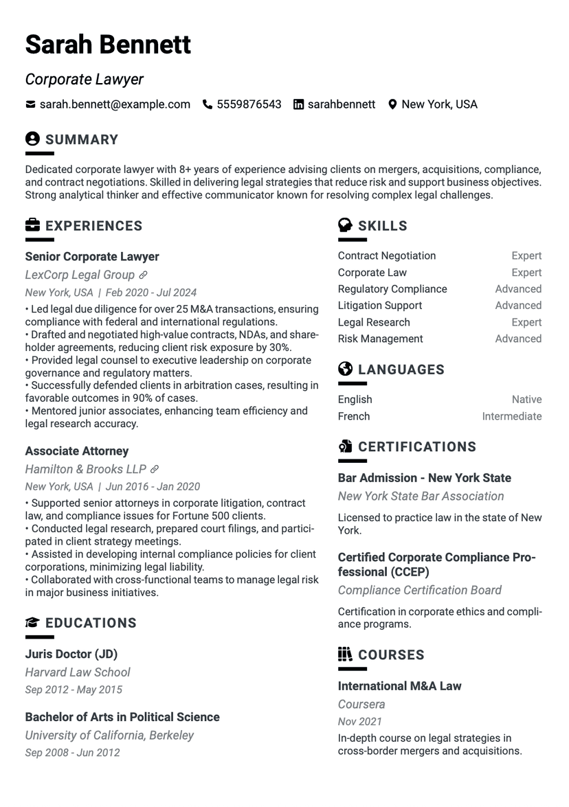 QuickCV - Resume Template Sarah Bennett - Corporate Lawyer