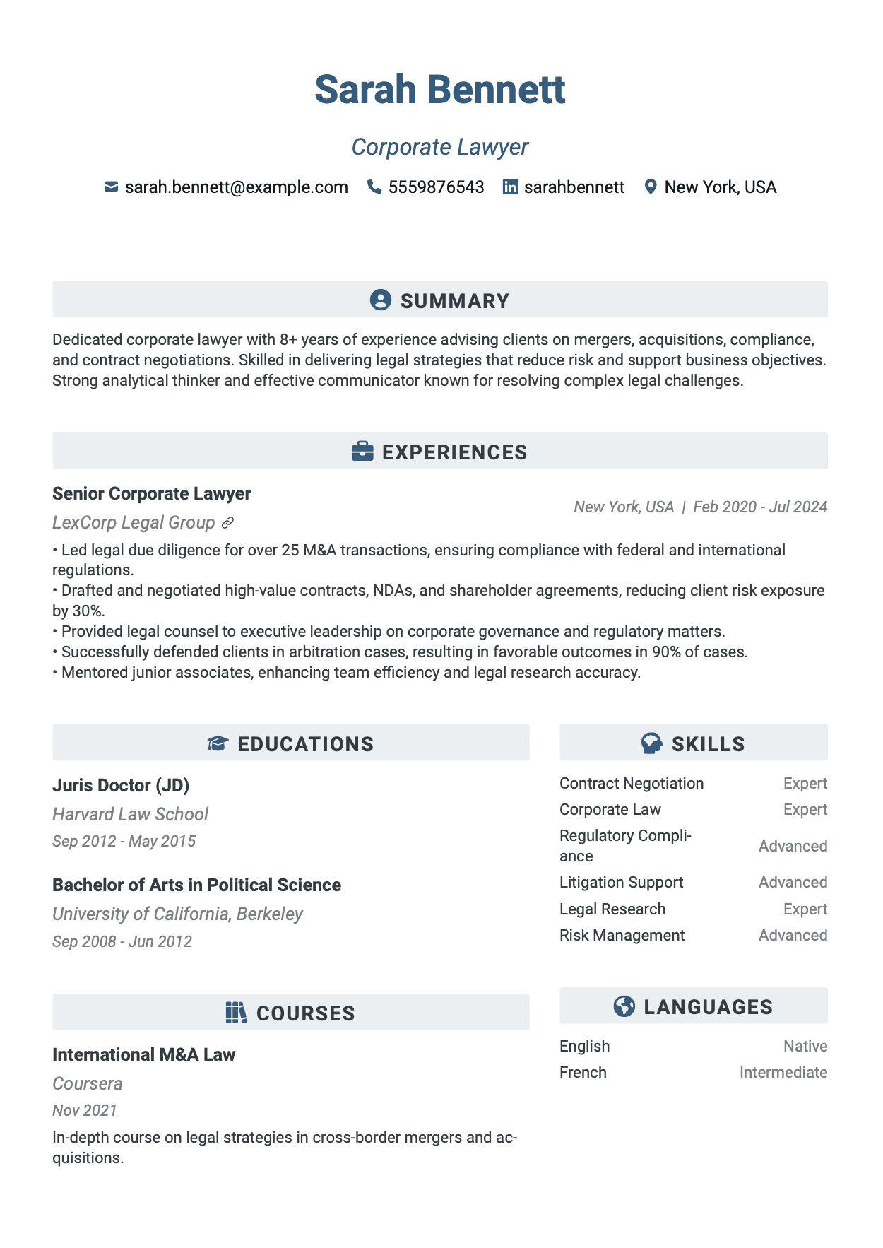 QuickCV Resume Example: Corporate Lawyer