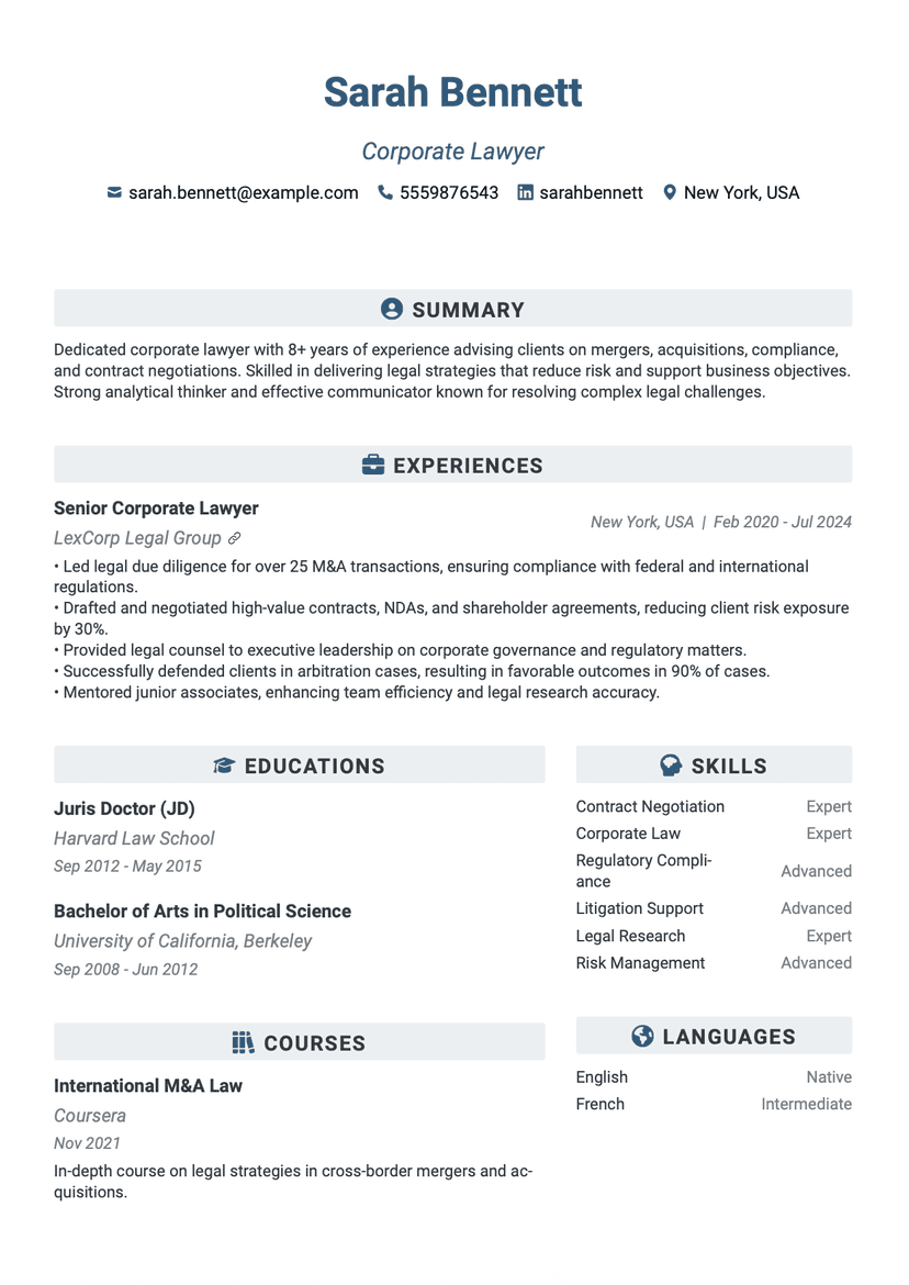 QuickCV - Resume Template Sarah Bennett - Corporate Lawyer