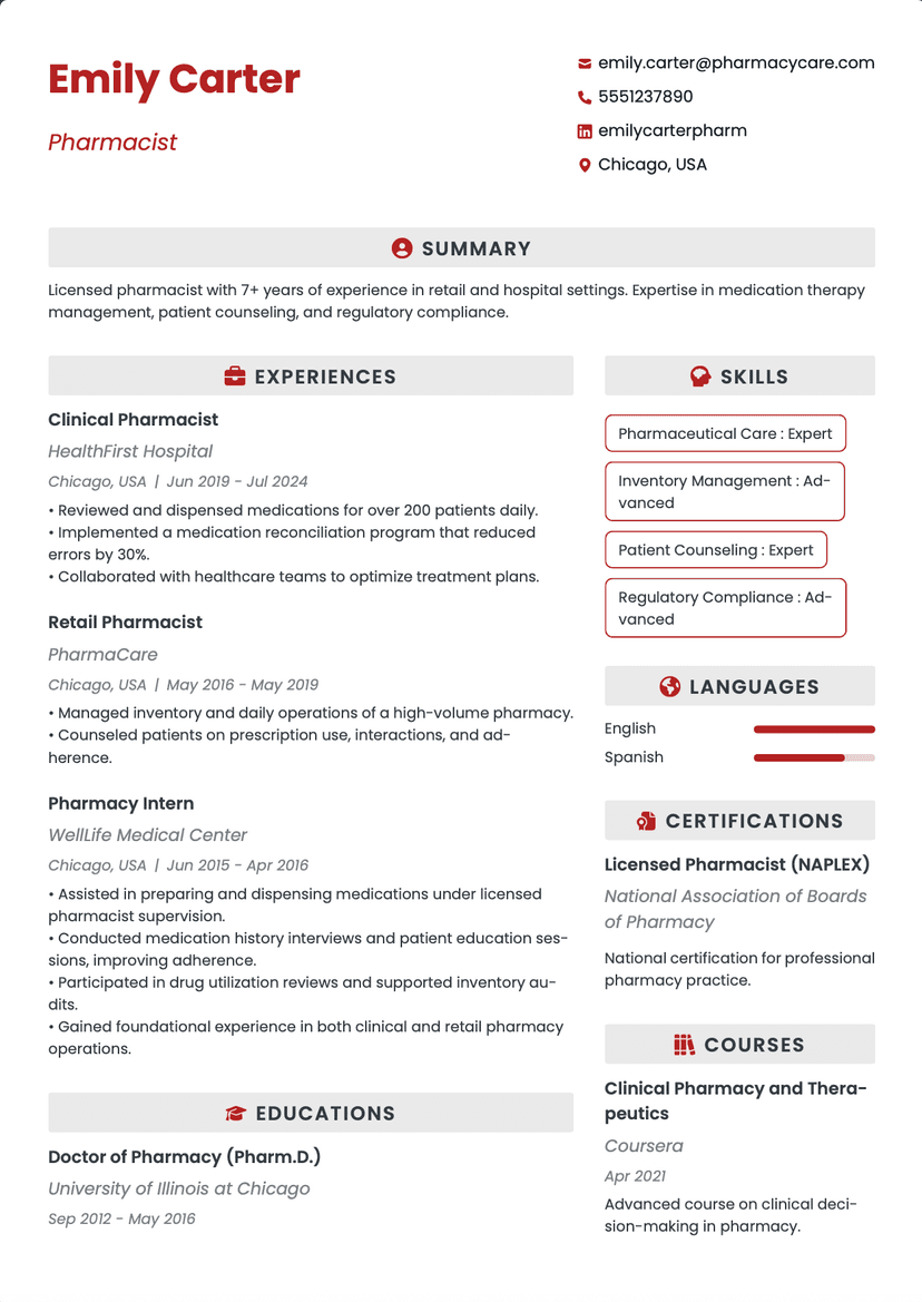 QuickCV - Resume Template Emily Carter - Pharmacist
