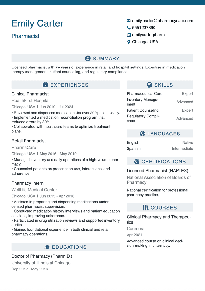 QuickCV - Resume Template Emily Carter - Pharmacist