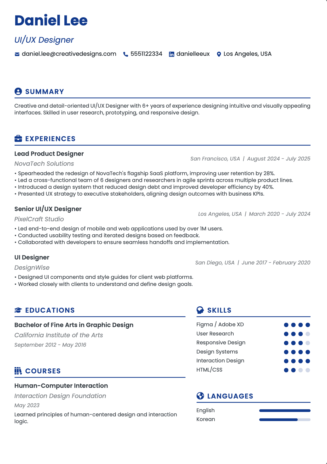 QuickCV Resume Example: UI/UX Designer