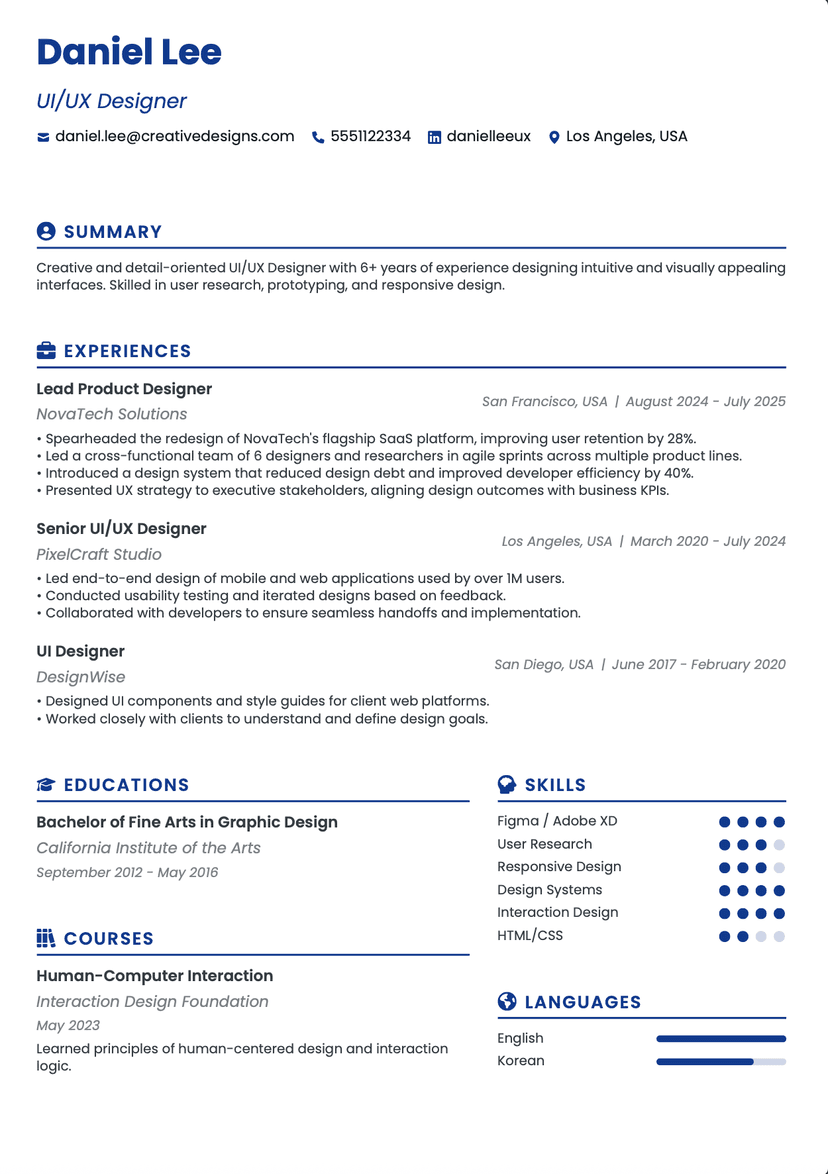 QuickCV - Resume Template Daniel Lee - UI/UX Designer