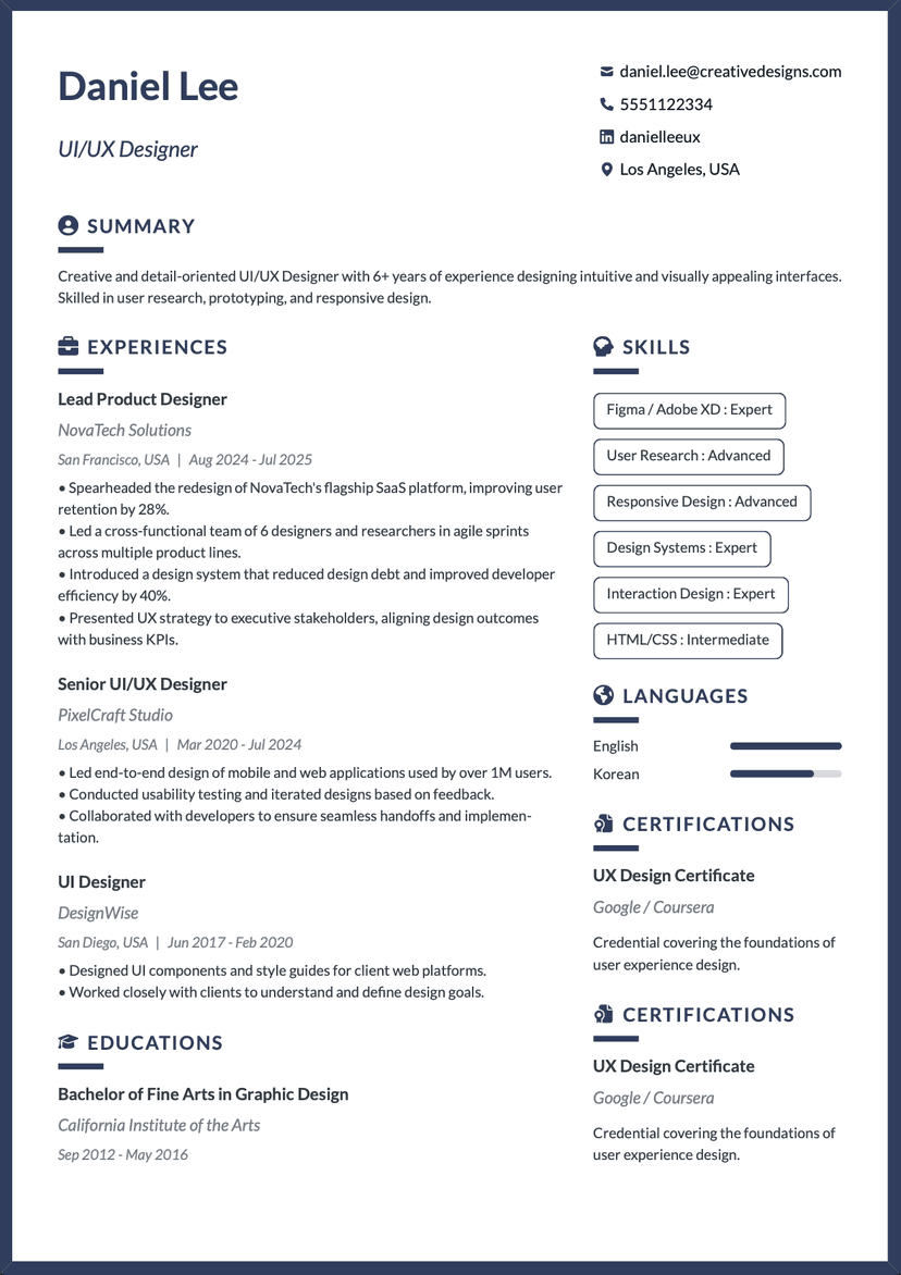 QuickCV - Resume Template Daniel Lee - UI/UX Designer