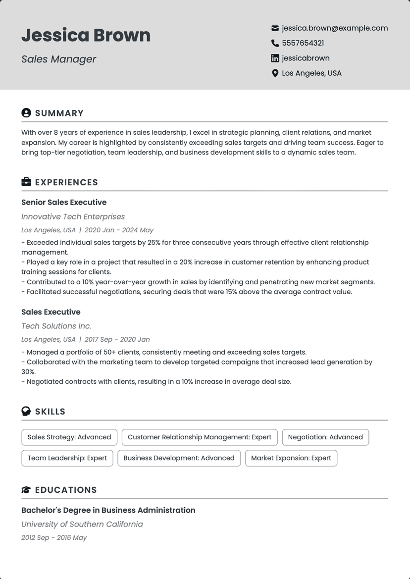 QuickCV - Resume Template Jessica Brown - Sales Manager