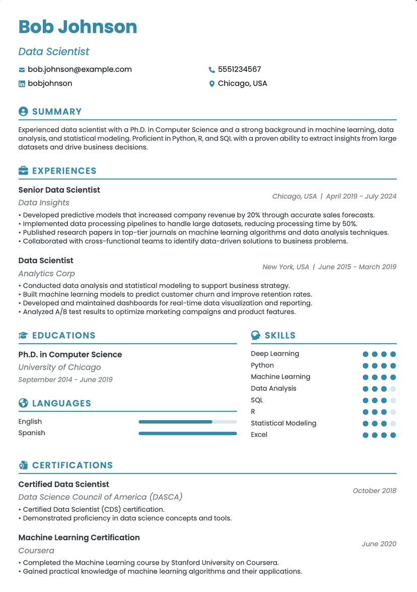 QuickCV - Resume Template Bob Johnson - Data Scientist