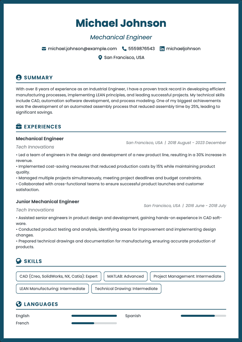 QuickCV - Resume Template Michael Johnson - Mechanical Engineer