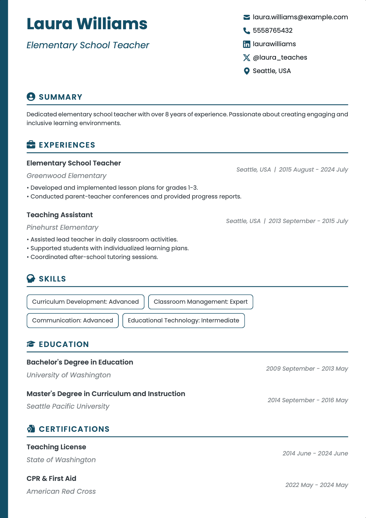 QuickCV Resume Example: Teacher