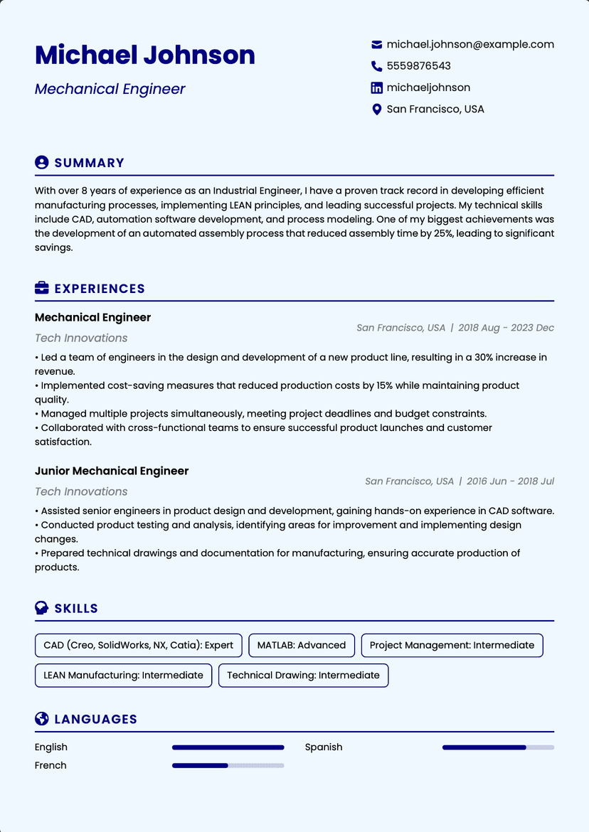 QuickCV - Resume Template Michael Johnson - Mechanical Engineer