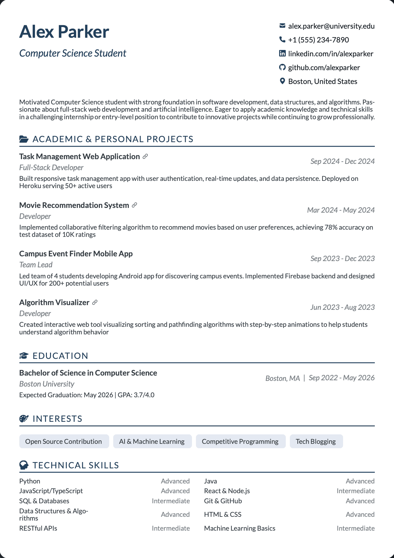 QuickCV Resume Example: Computer Science Student