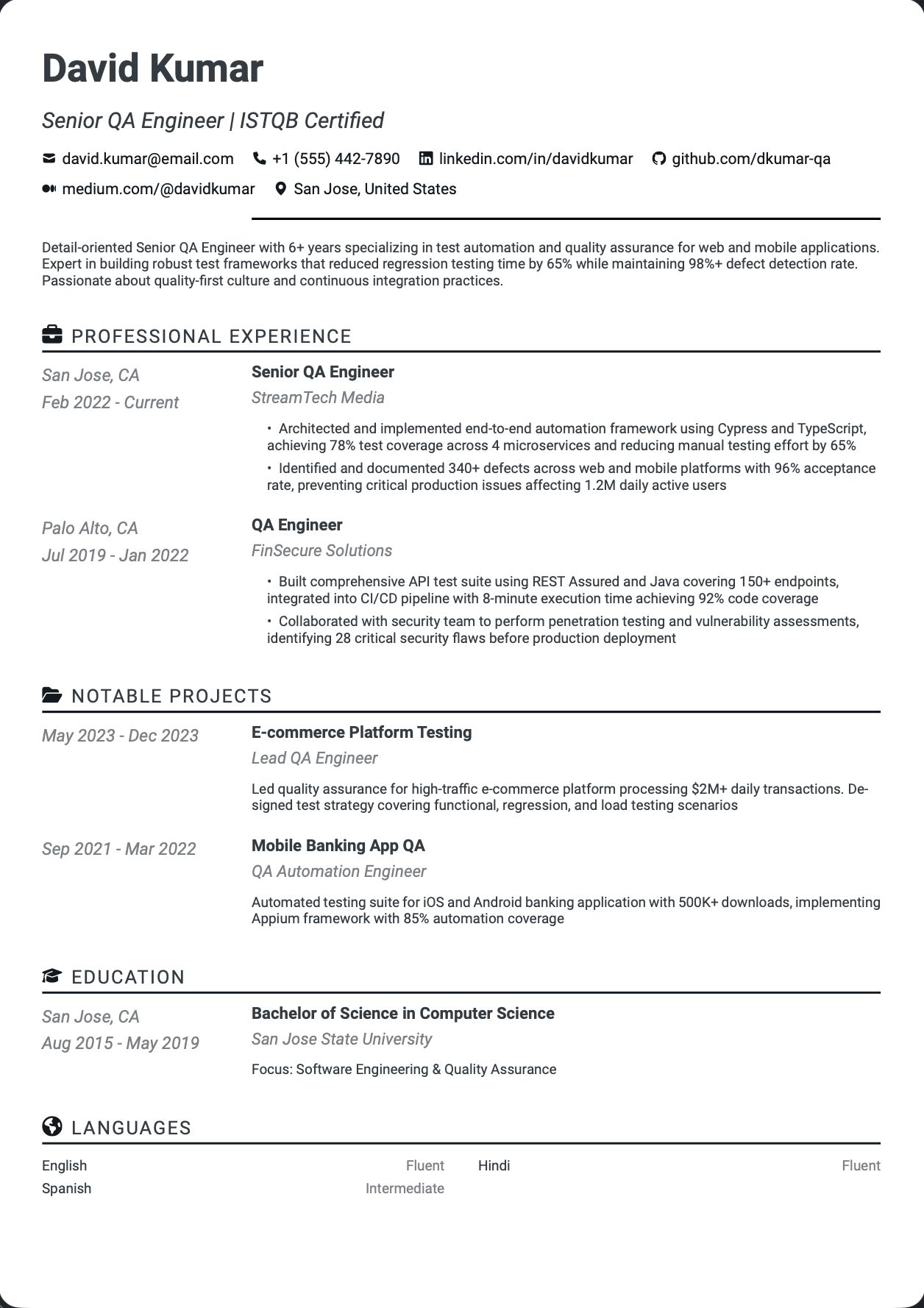 QuickCV Resume Example: Senior QA Engineer