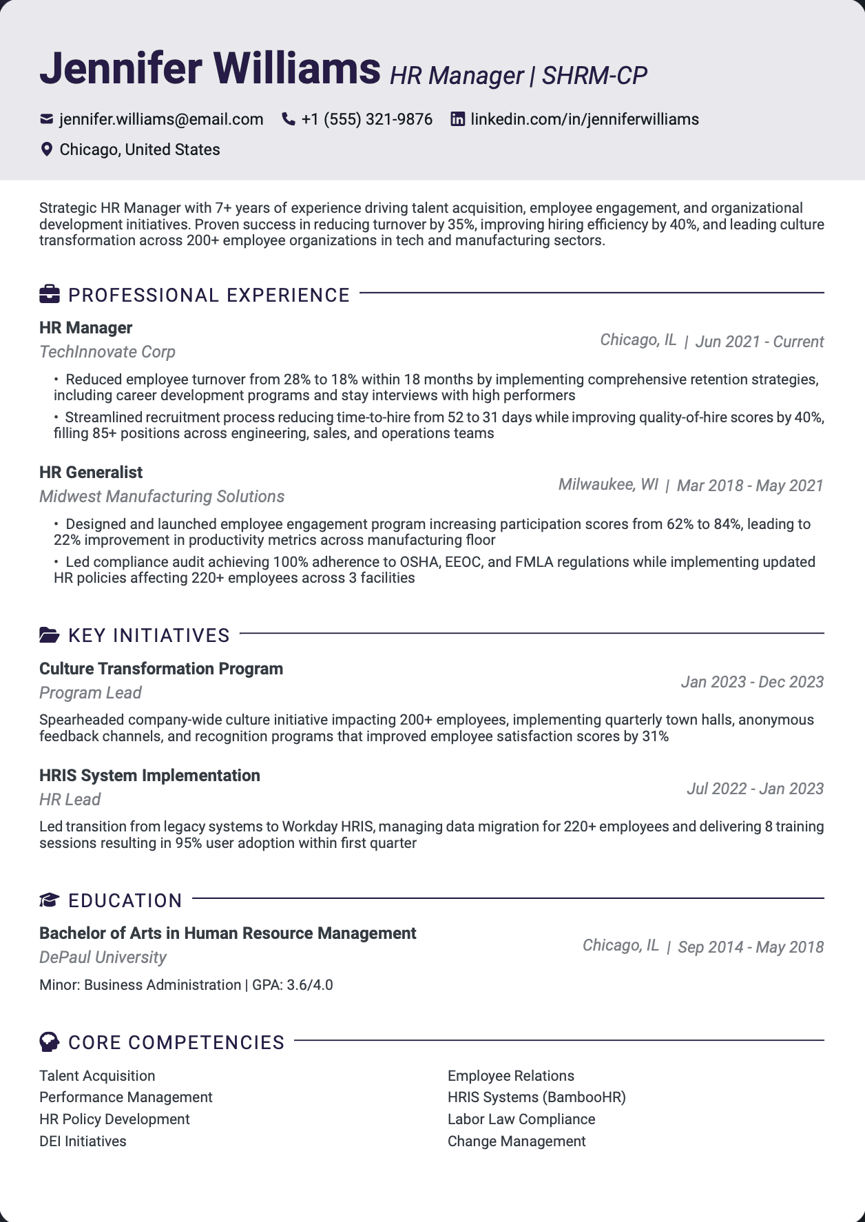 QuickCV Resume Example: HR Manager
