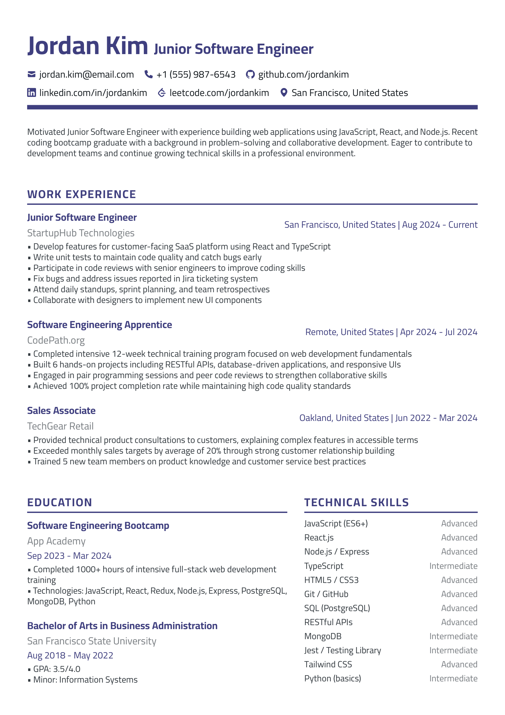 Professional Junior Software Engineer resume example with ATS-friendly formatting