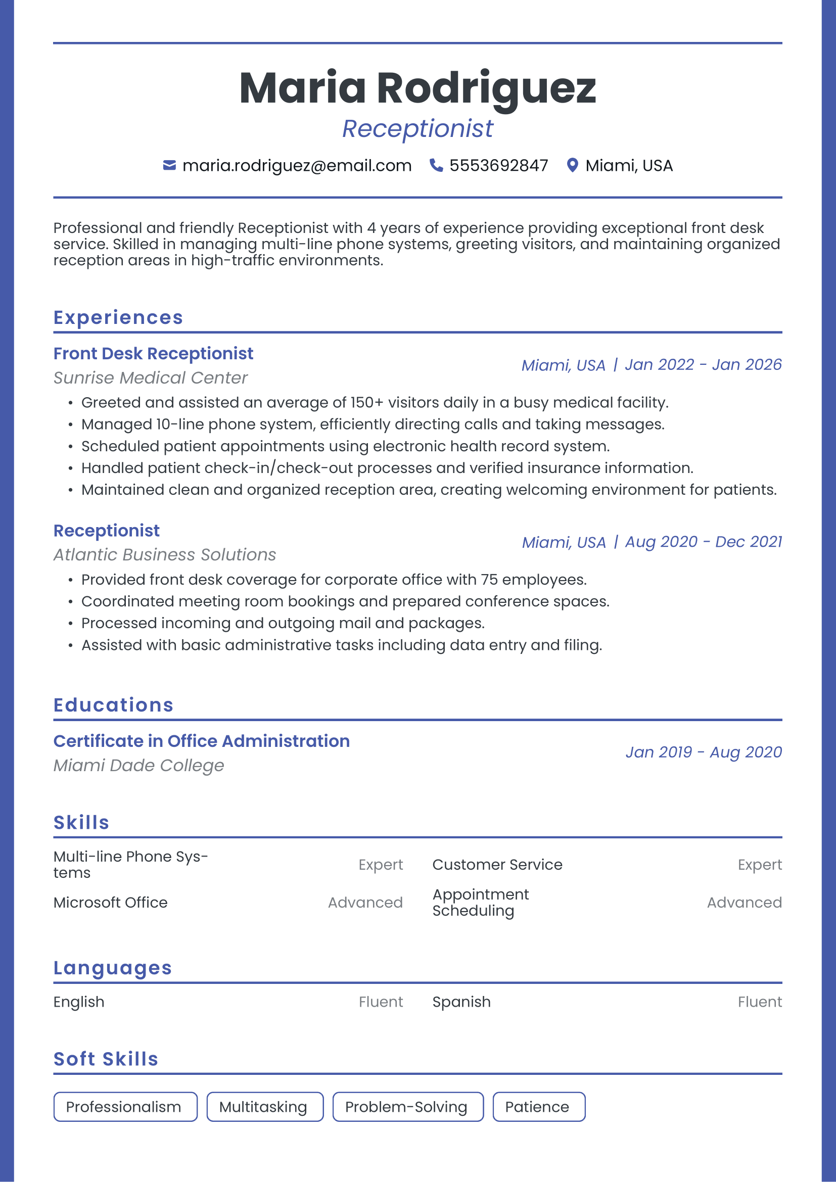 Professional Receptionist resume example with ATS-friendly formatting