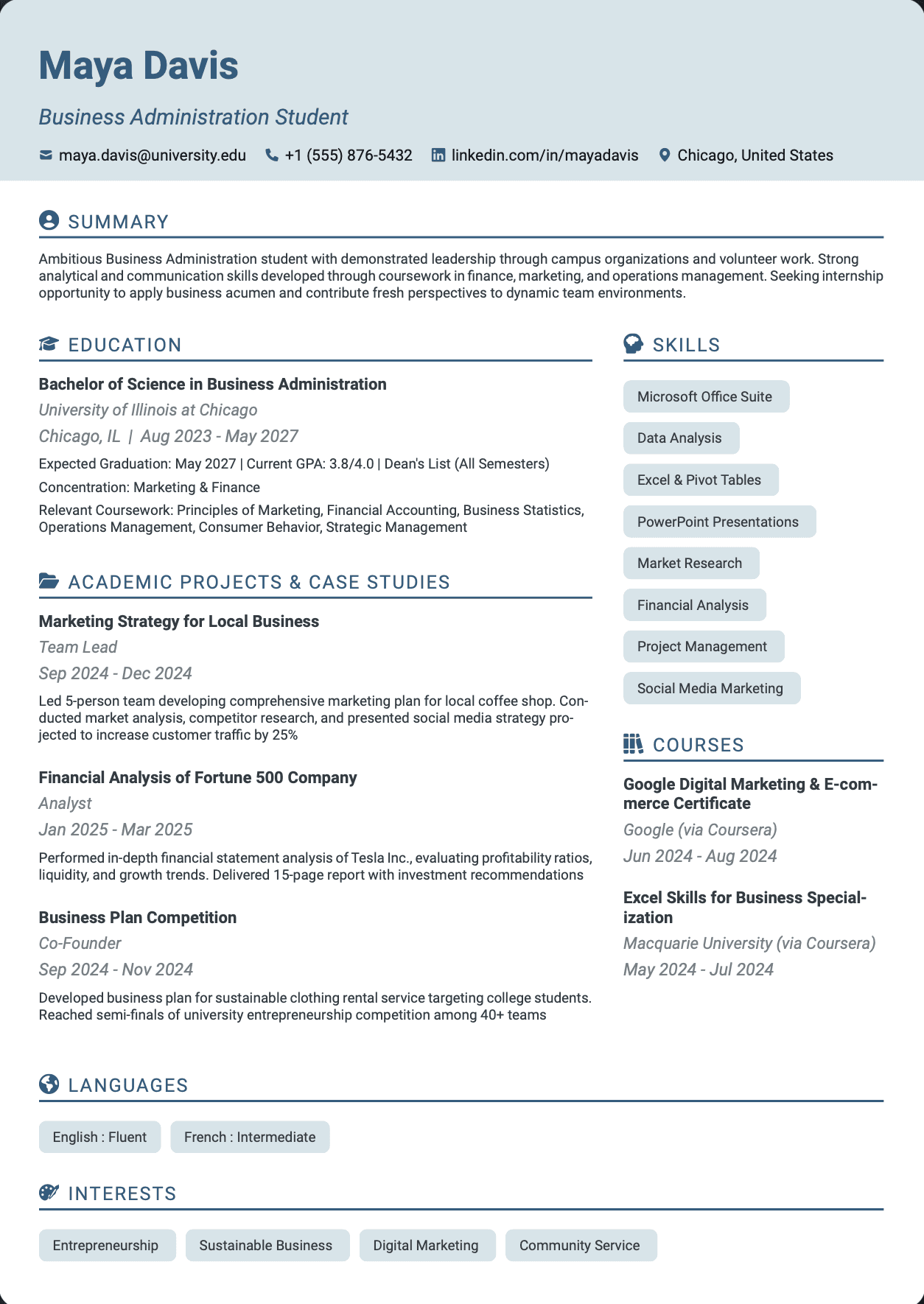 QuickCV Resume Example: Business Administration Student
