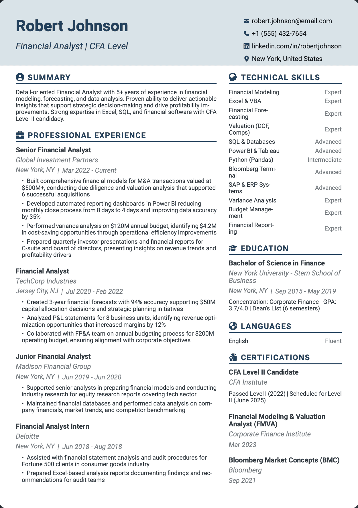 QuickCV Resume Example: Financial Analyst