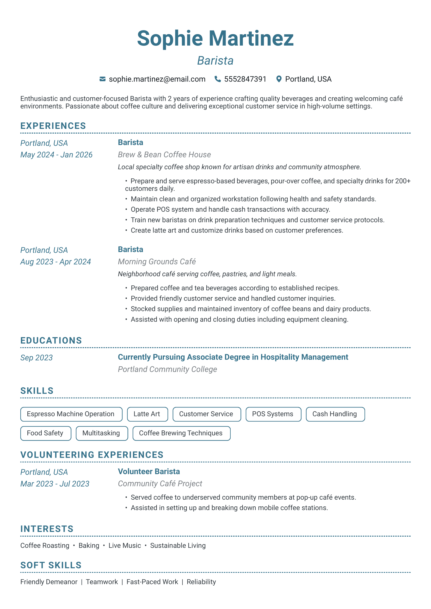 Professional Barista resume example with ATS-friendly formatting