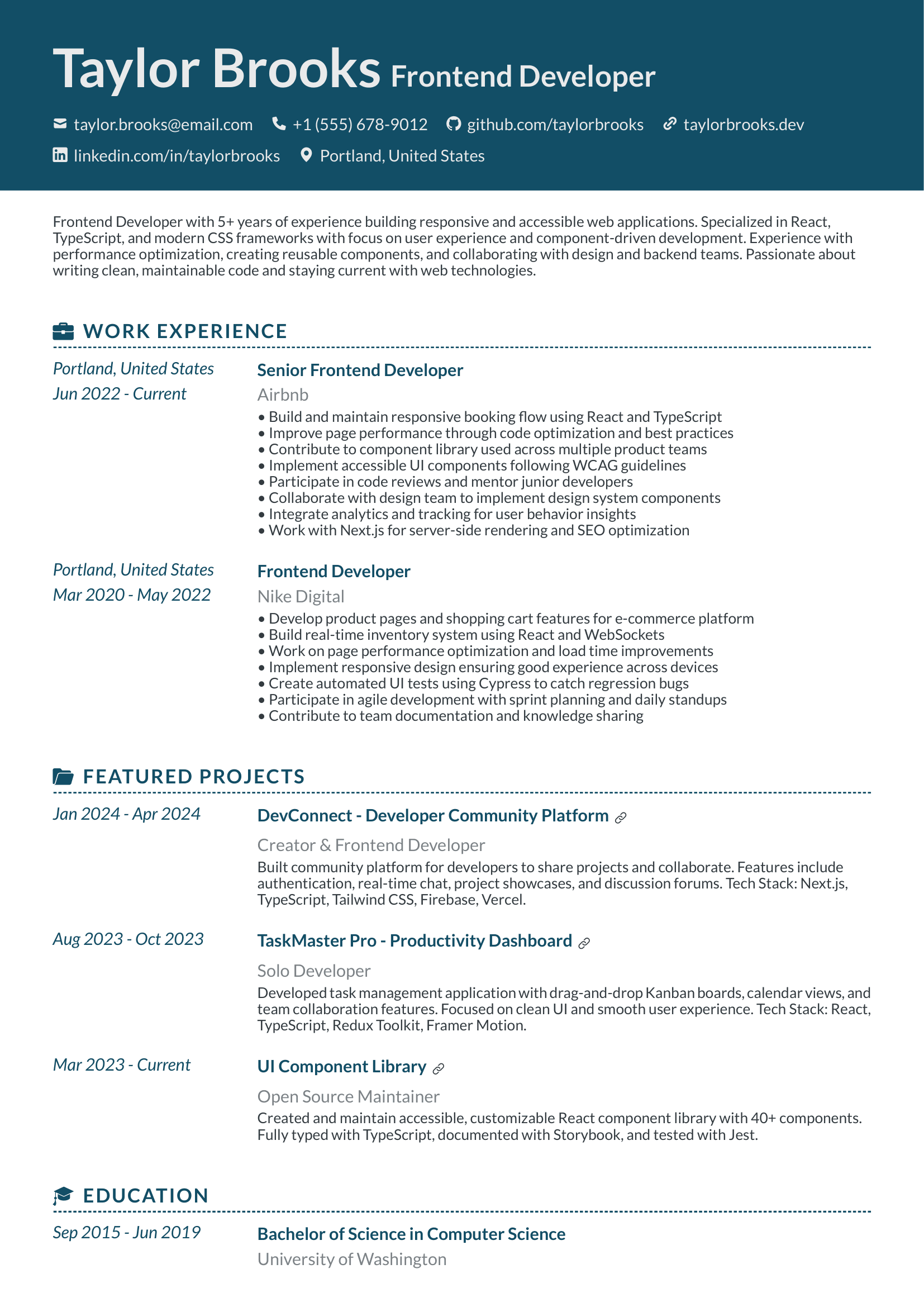 Professional Frontend Developer resume example with ATS-friendly formatting
