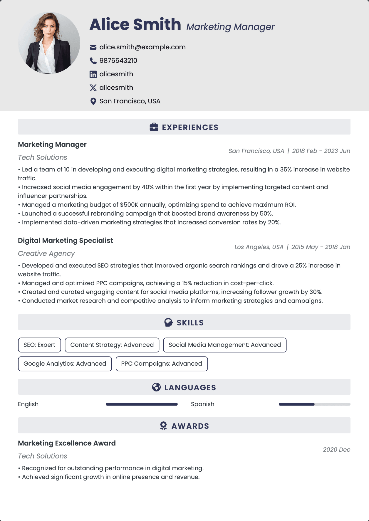 ATS-optimized Marketing Manager resume template featuring marketing manager, digital marketing manager, brand marketing manager skills with professional formatting and measurable achievements
