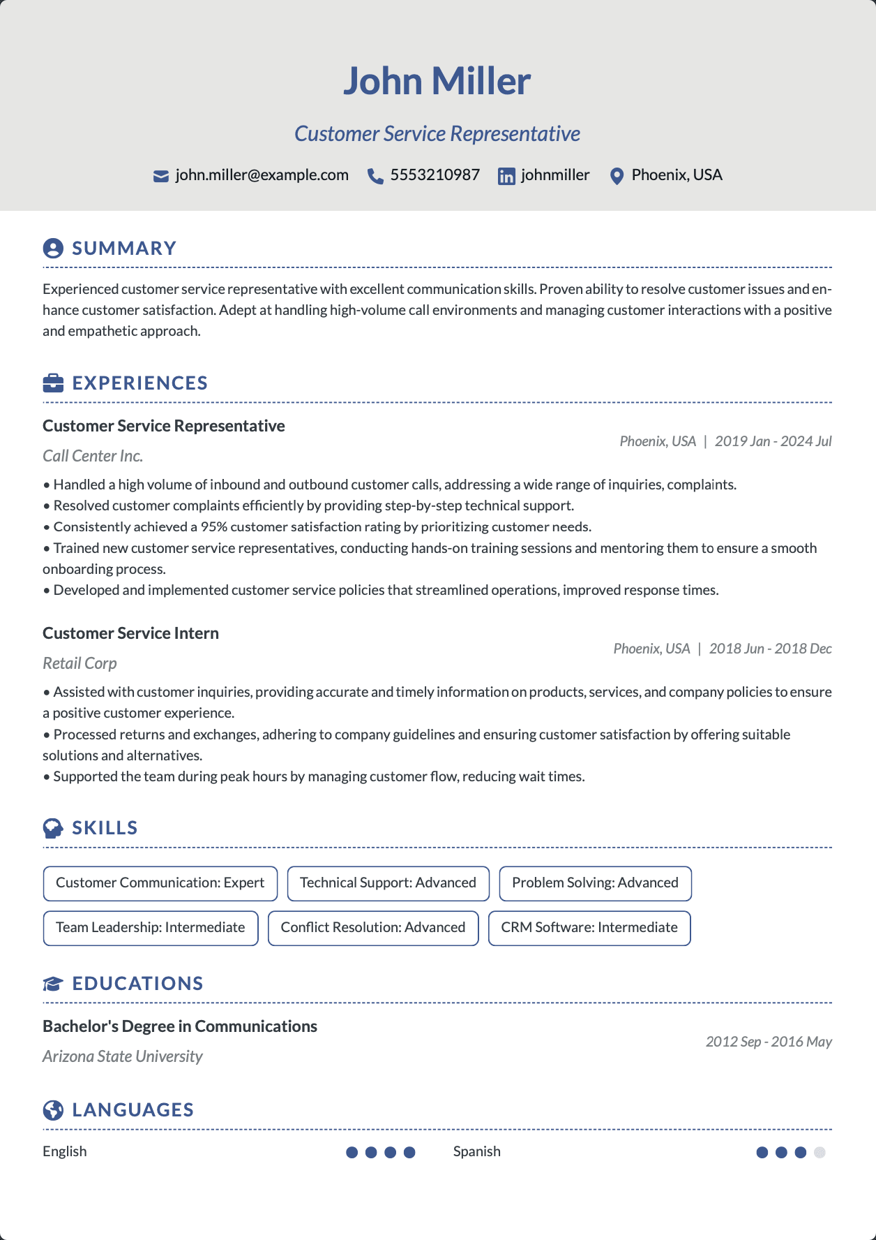 ATS-optimized Customer Service Representative resume template featuring customer service representative, customer service, call center representative skills with professional formatting and measurable achievements