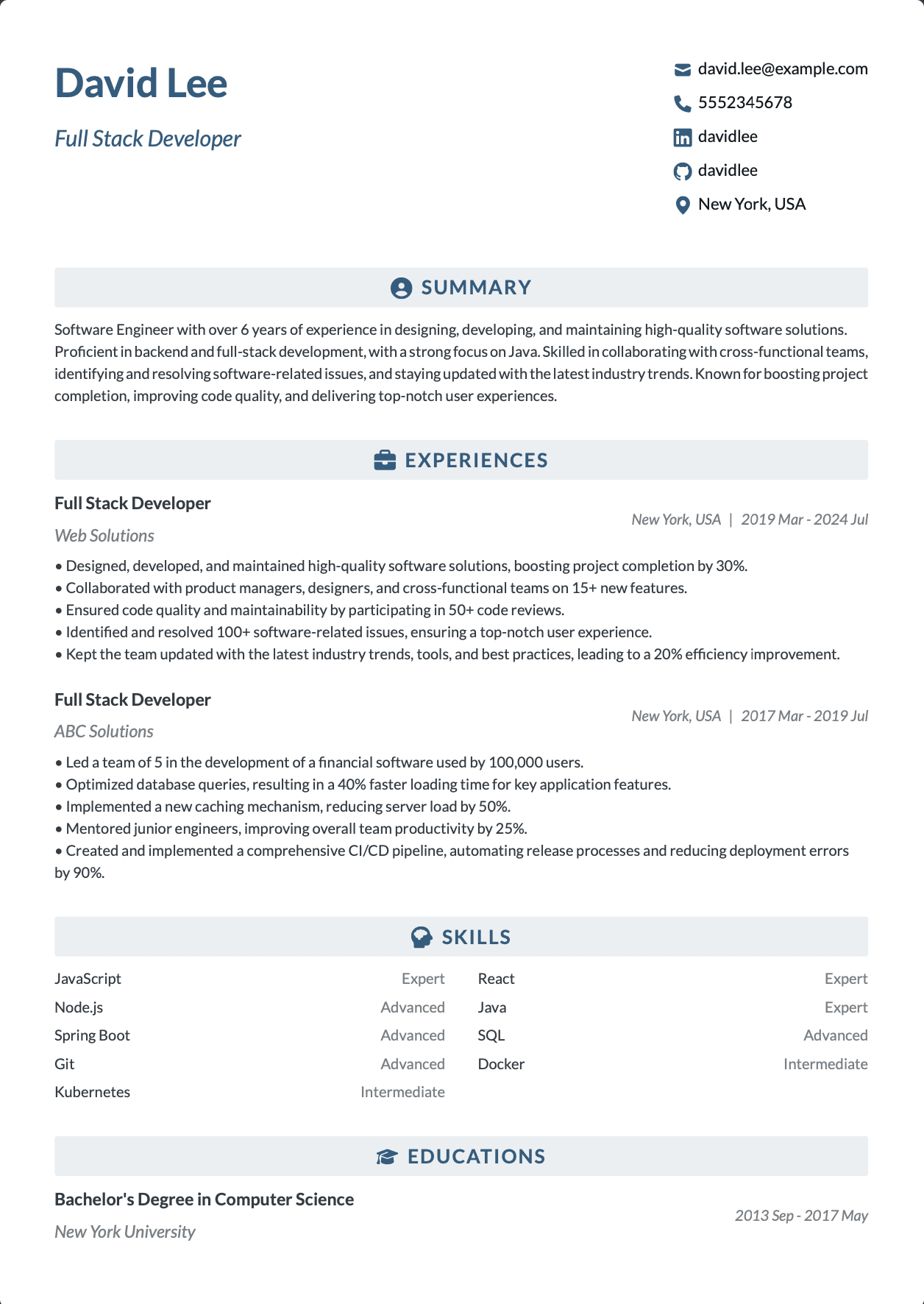 ATS-optimized Full Stack Developer resume template featuring full stack developer, software engineer, web developer skills with professional formatting and measurable achievements
