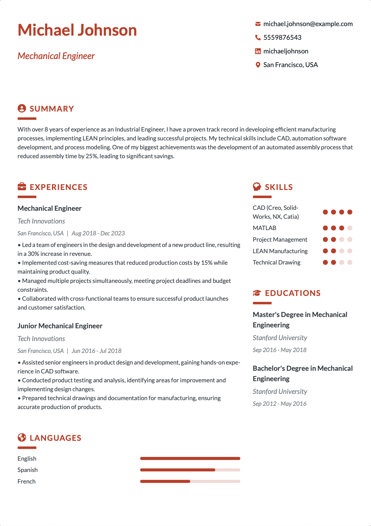 ATS-optimized Mechanical Engineer resume template featuring mechanical engineer, manufacturing engineer, design engineer skills with professional formatting and measurable achievements