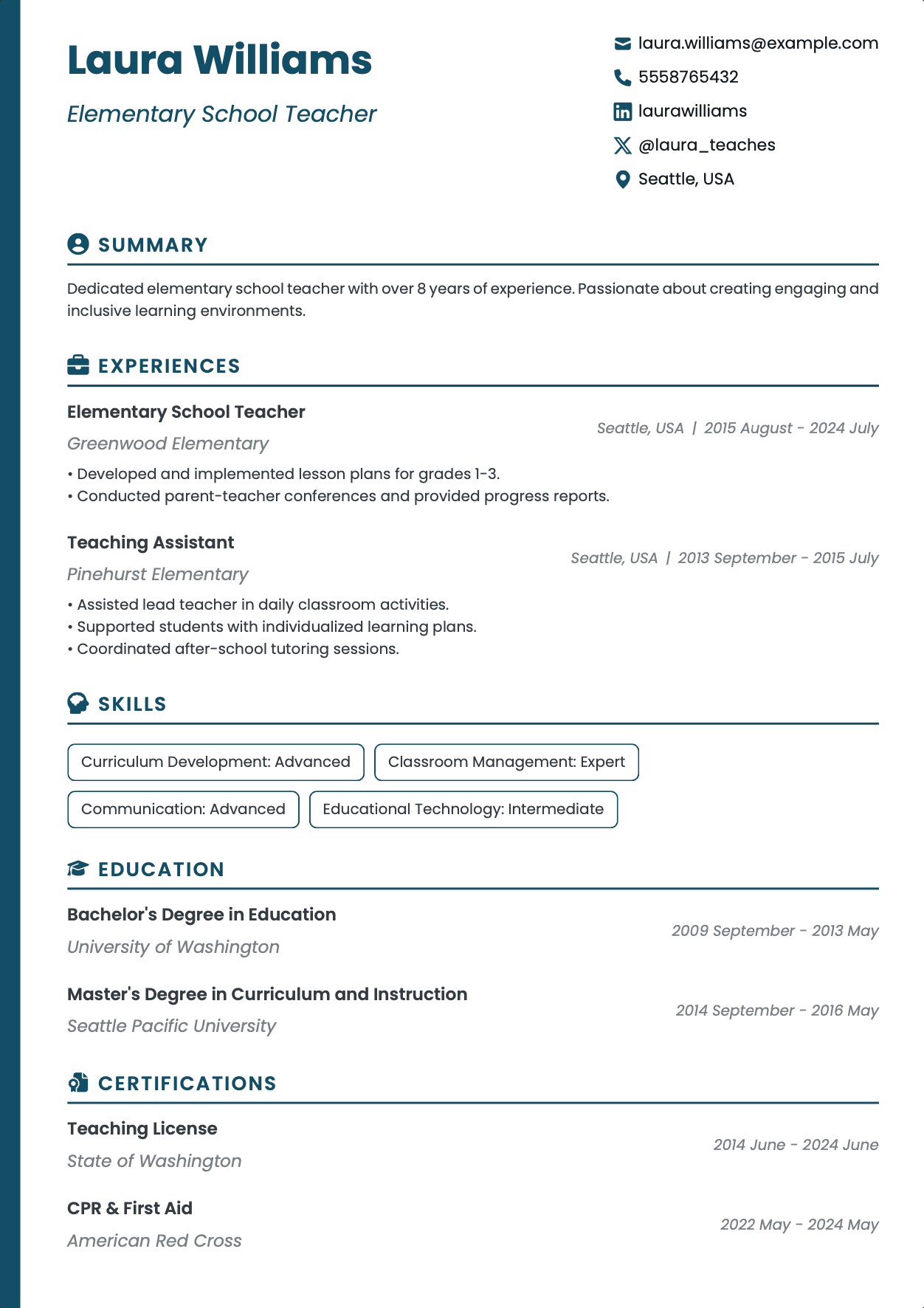 ATS-optimized Teacher resume template featuring elementary school teacher, teacher, primary school teacher skills with professional formatting and measurable achievements