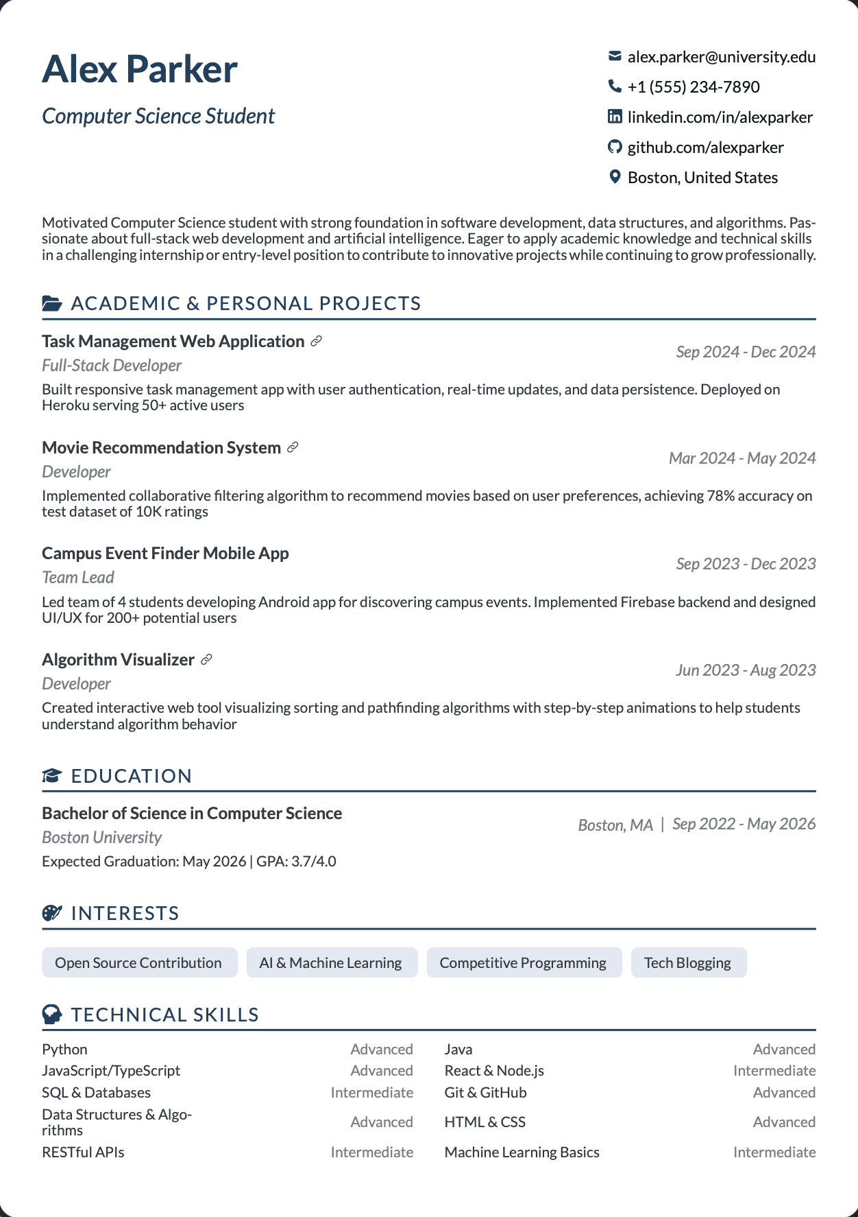 ATS-optimized Computer Science Student resume template featuring computer science student, computer science graduate, software engineering student skills with professional formatting and measurable achievements