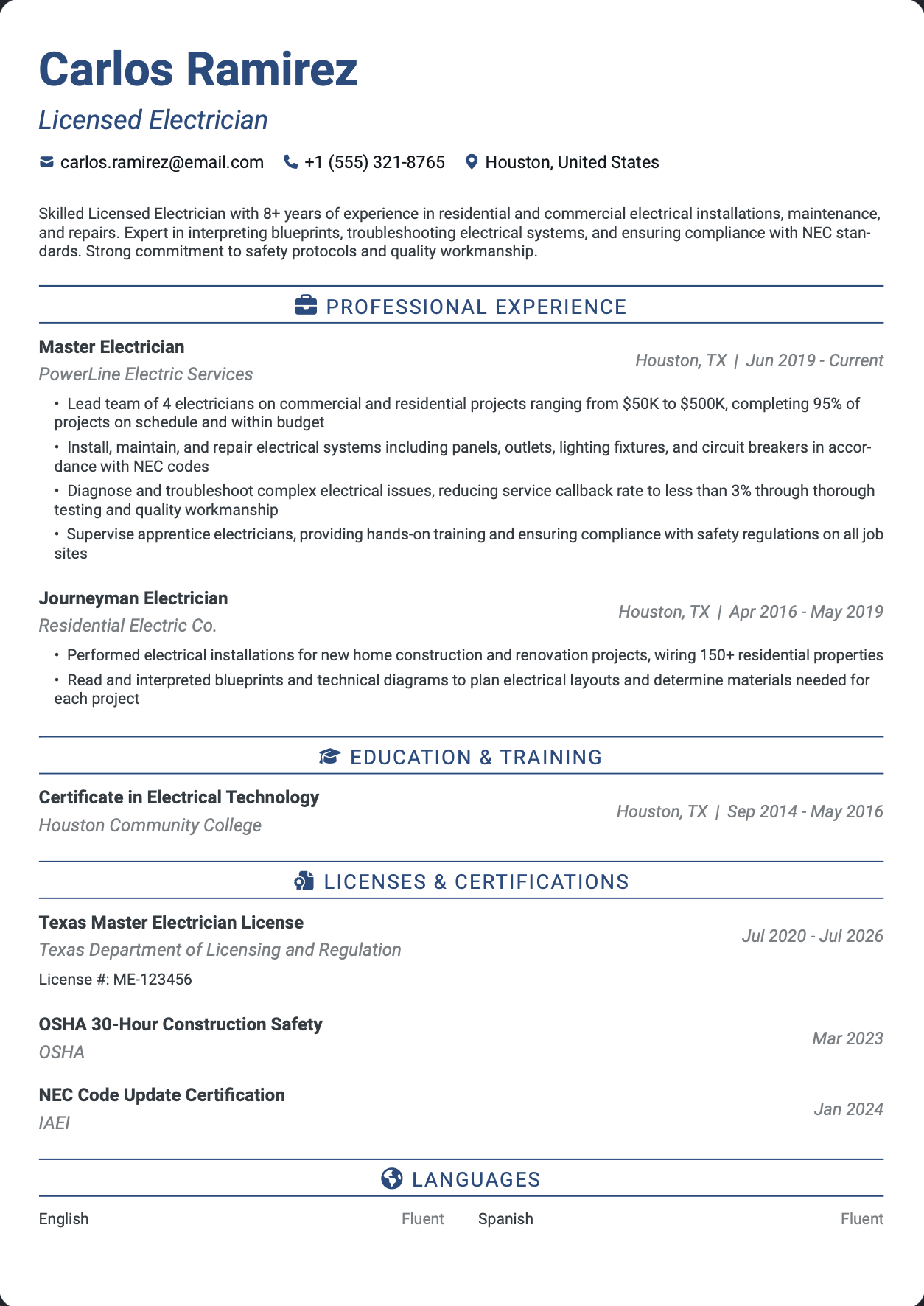 ATS-optimized Licensed Electrician resume template featuring licensed electrician, electrician, master electrician skills with professional formatting and measurable achievements