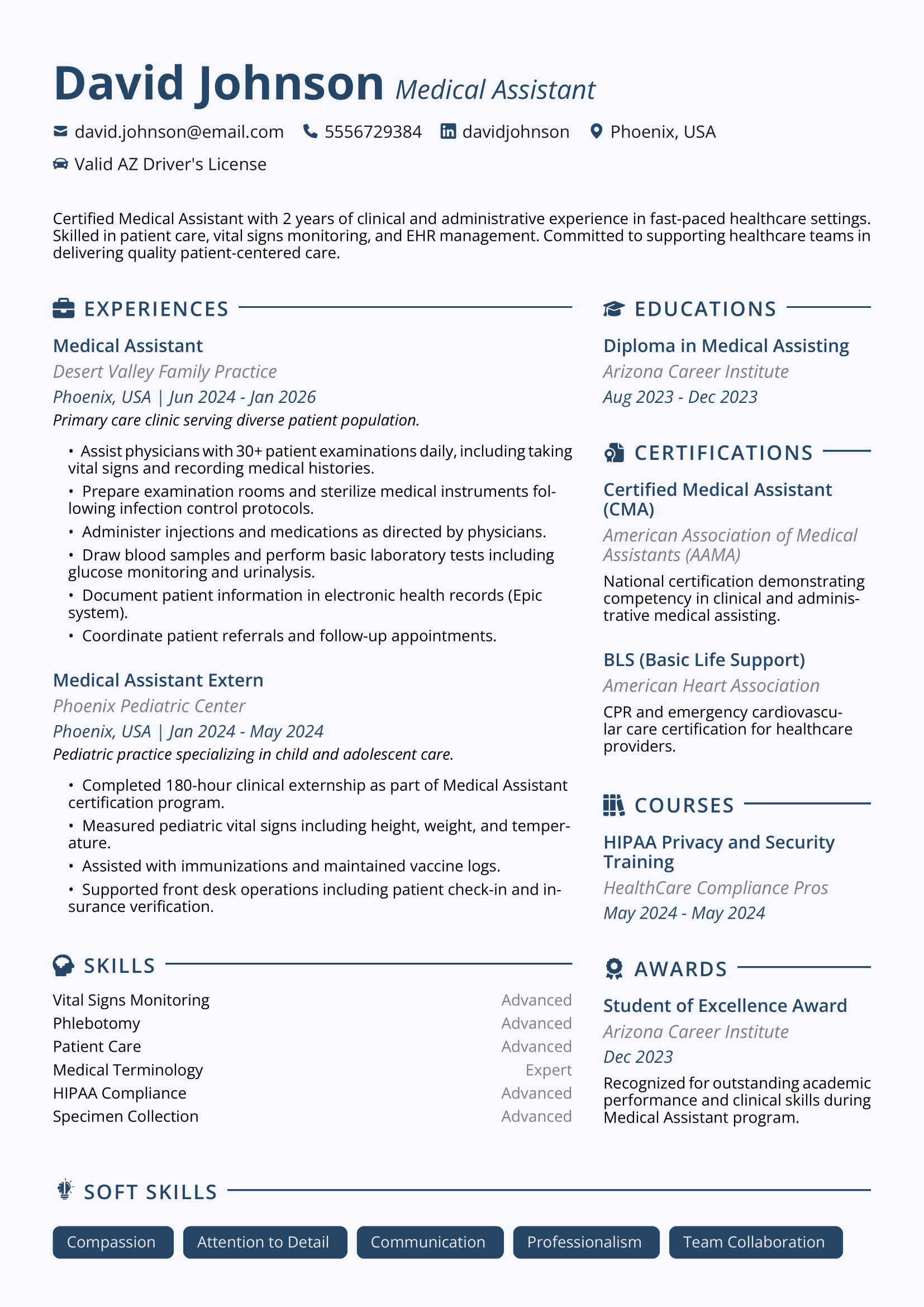ATS-optimized Medical Assistant resume template featuring medical assistant, certified medical assistant, clinical medical assistant skills with professional formatting and measurable achievements