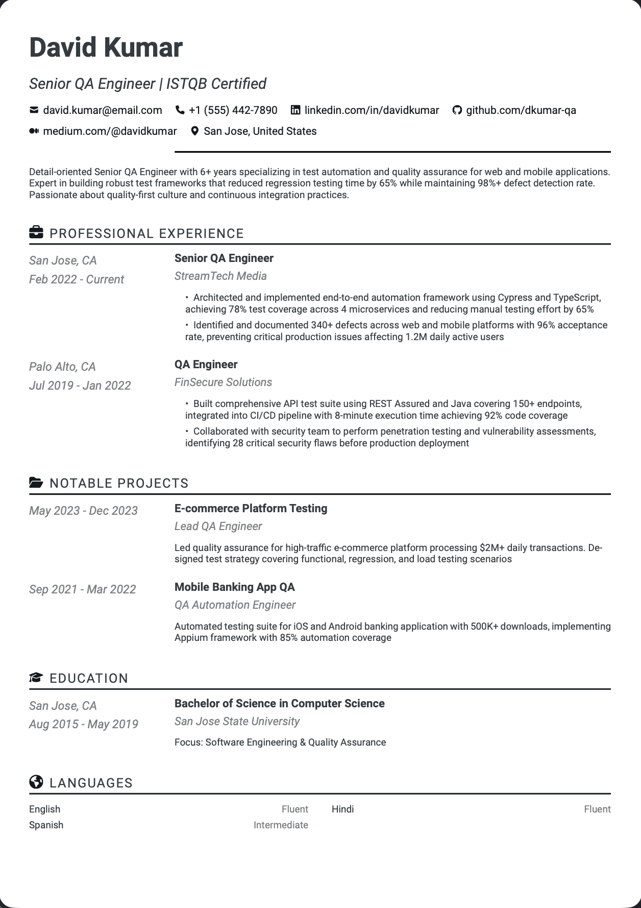 ATS-optimized Senior QA Engineer resume template featuring senior QA engineer, QA engineer, test automation engineer skills with professional formatting and measurable achievements