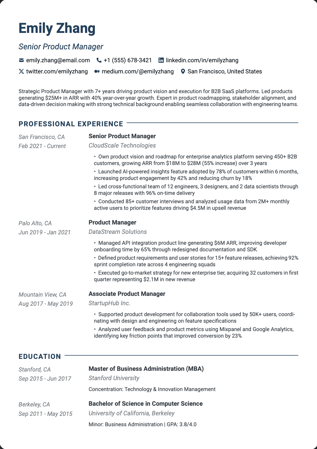 ATS-optimized Senior Product Manager resume template featuring senior product manager, product manager, technical product manager skills with professional formatting and measurable achievements