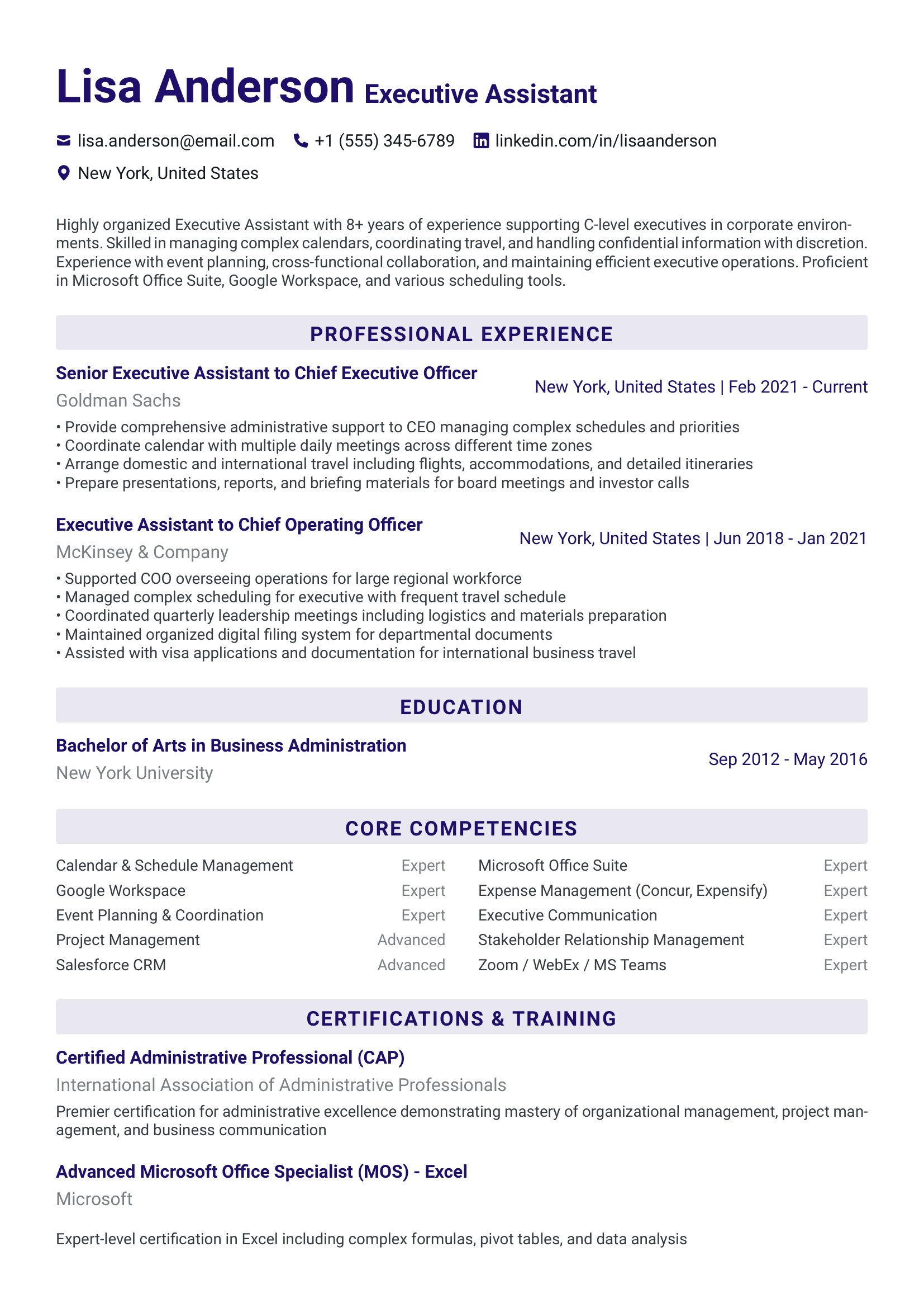ATS-optimized Executive Assistant resume template featuring executive assistant, senior executive assistant, C-level assistant skills with professional formatting and measurable achievements