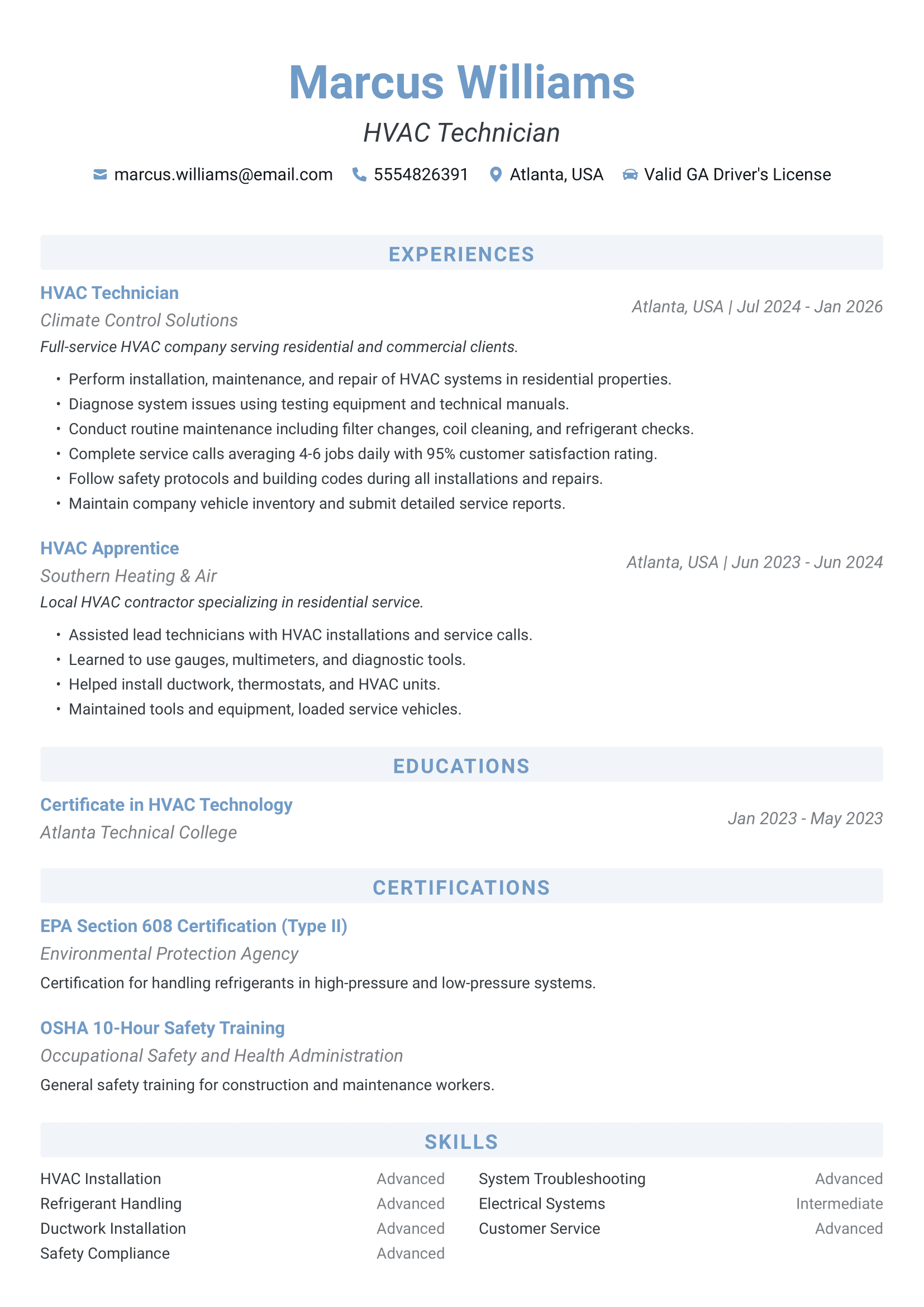 ATS-optimized HVAC Technician resume template featuring HVAC technician, HVAC installer, heating and cooling technician skills with professional formatting and measurable achievements