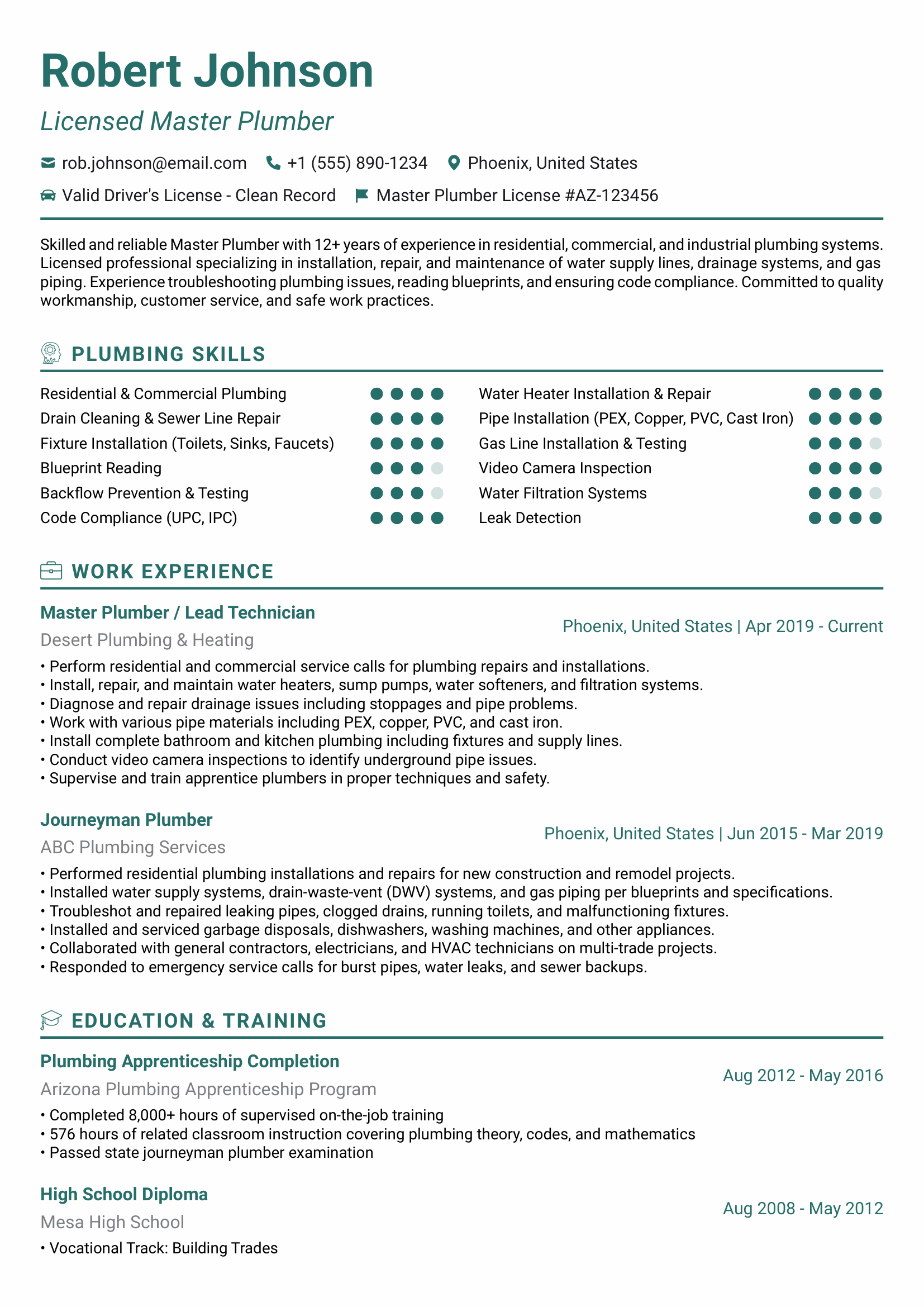 ATS-optimized Licensed Plumber resume template featuring plumber, licensed plumber, master plumber skills with professional formatting and measurable achievements