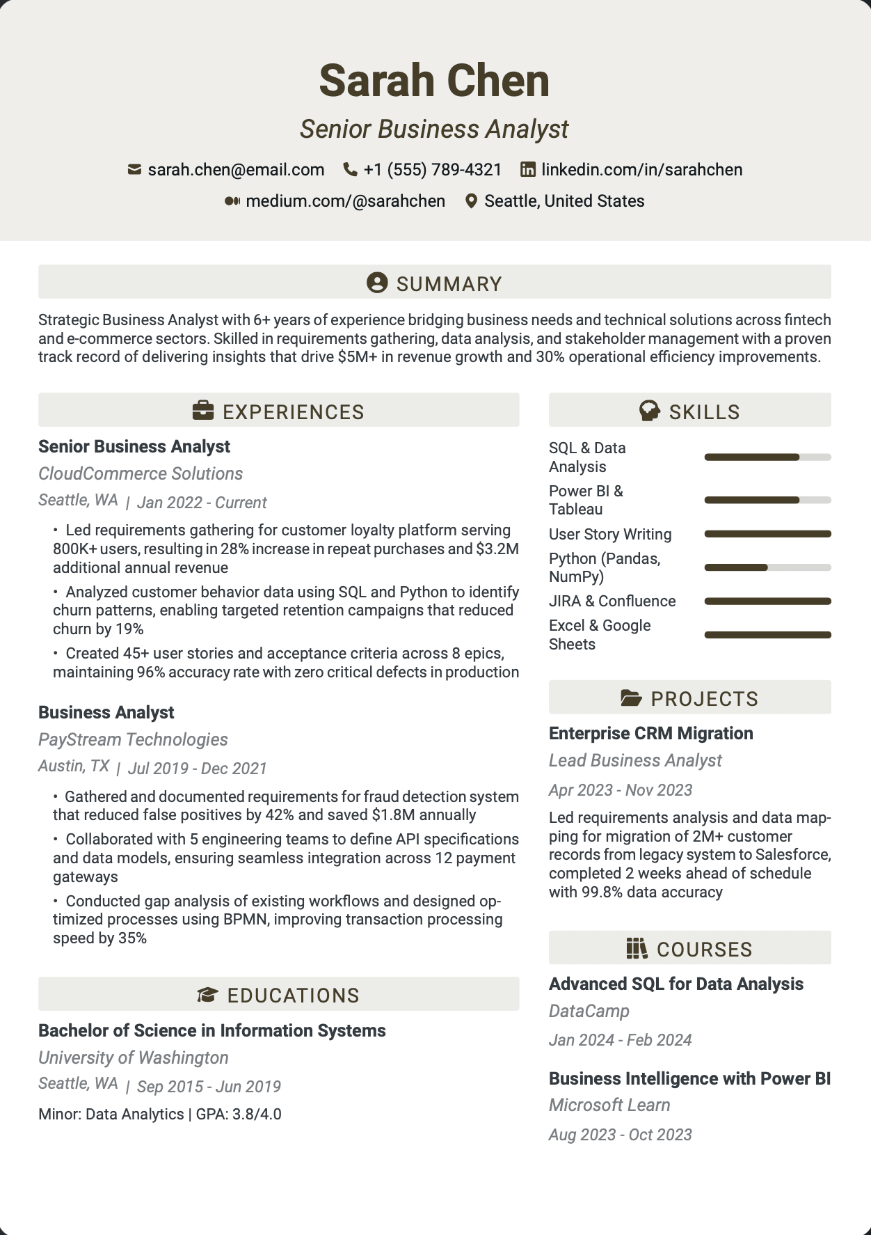 ATS-optimized Senior Business Analyst resume template featuring senior business analyst, business analyst, technical business analyst skills with professional formatting and measurable achievements