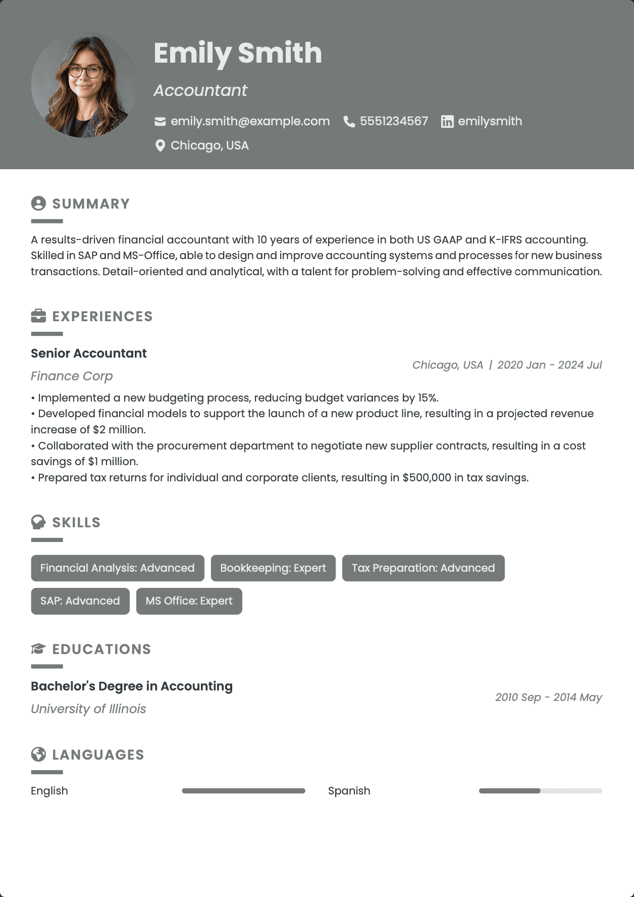 QuickCV Resume Example: Accountant