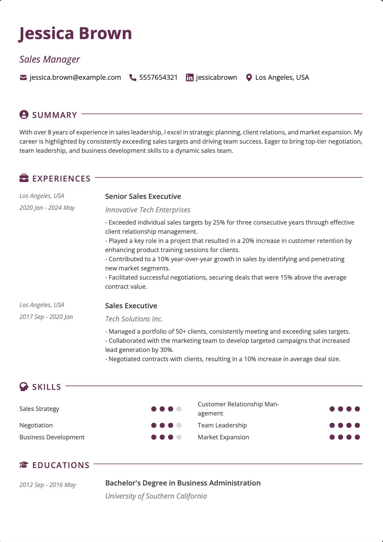 QuickCV Resume Example: Sales Manager